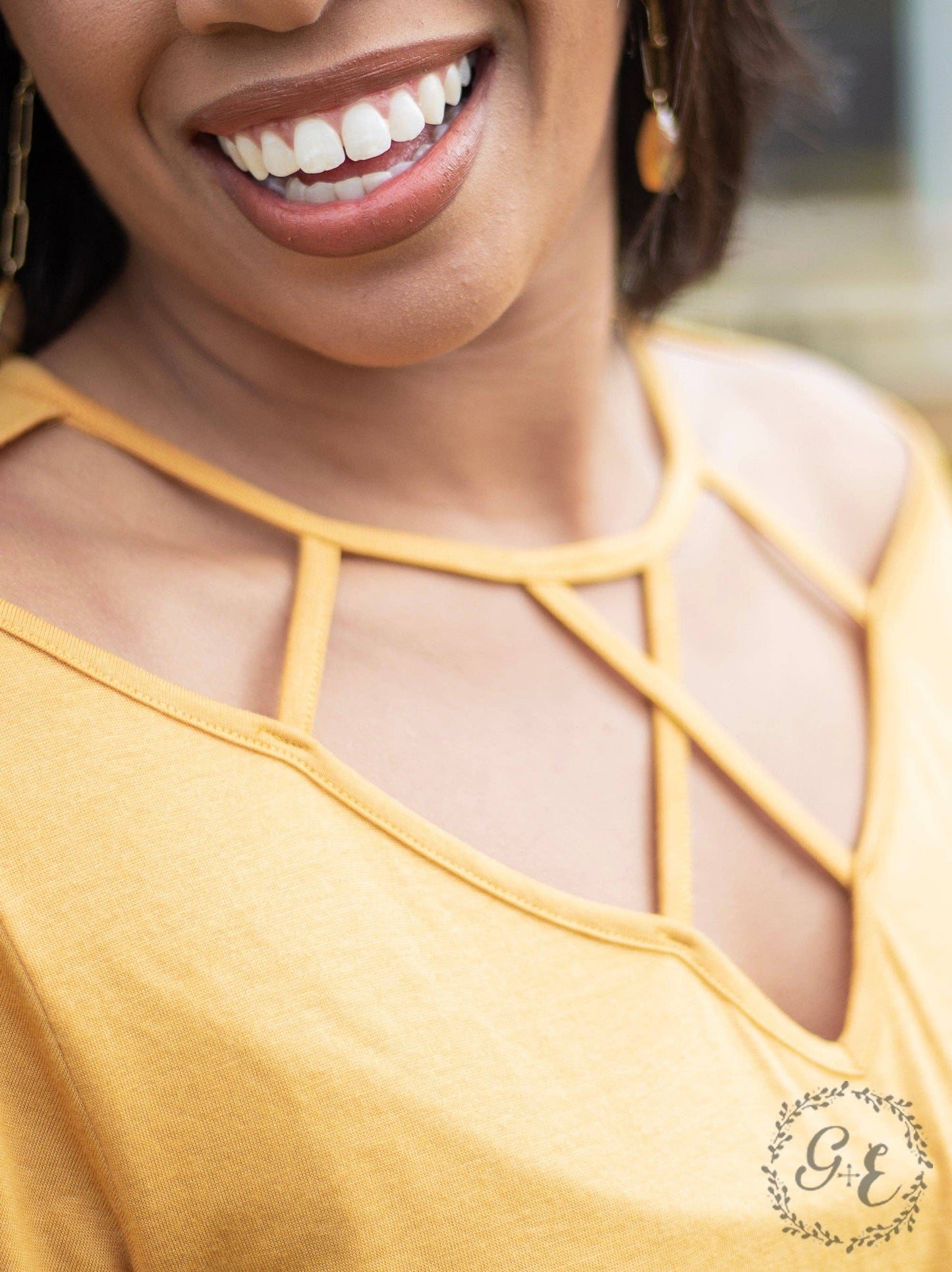 Vineyard Day Caged Neckline Tee, Mustard