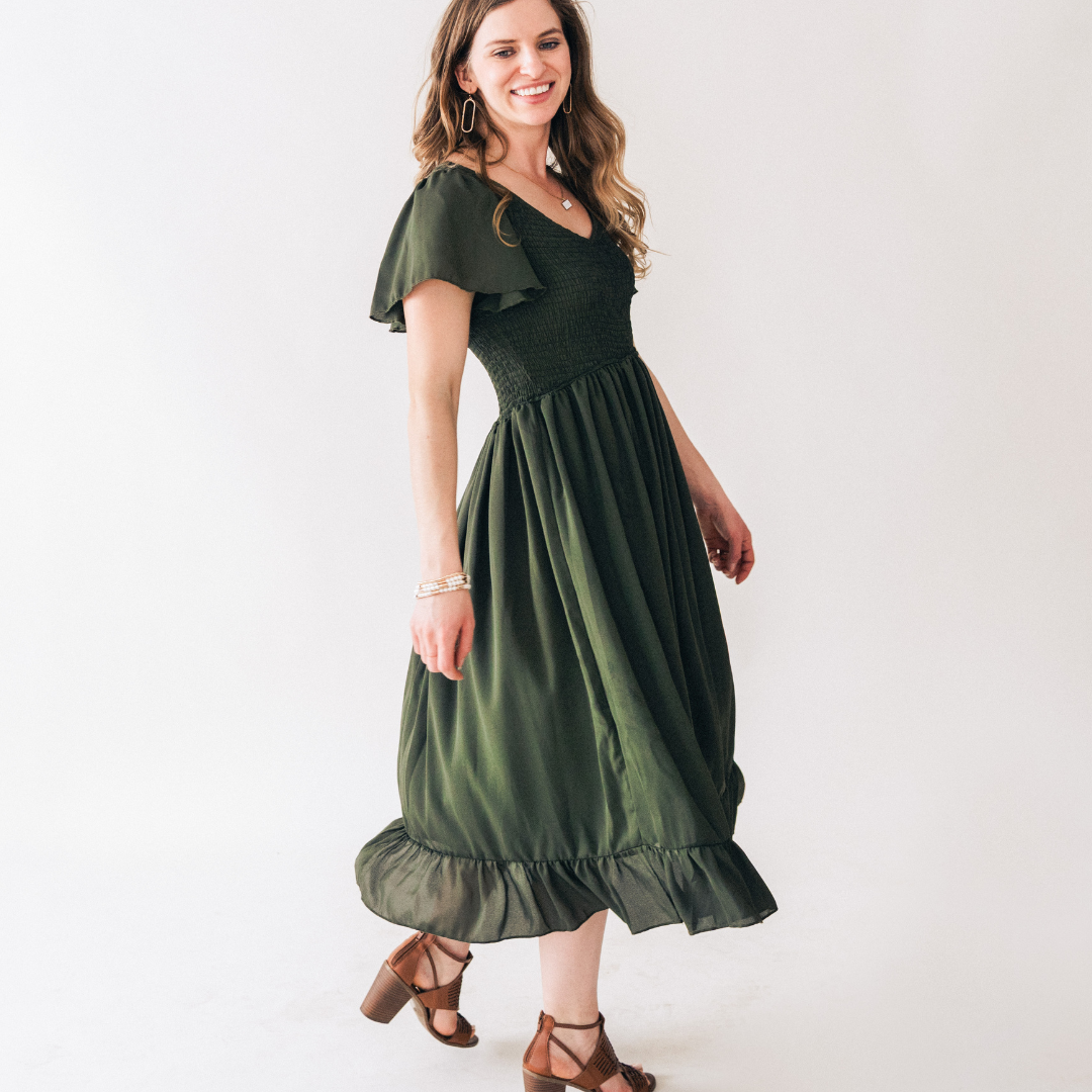 Dark Green Chiffon Dress - Women