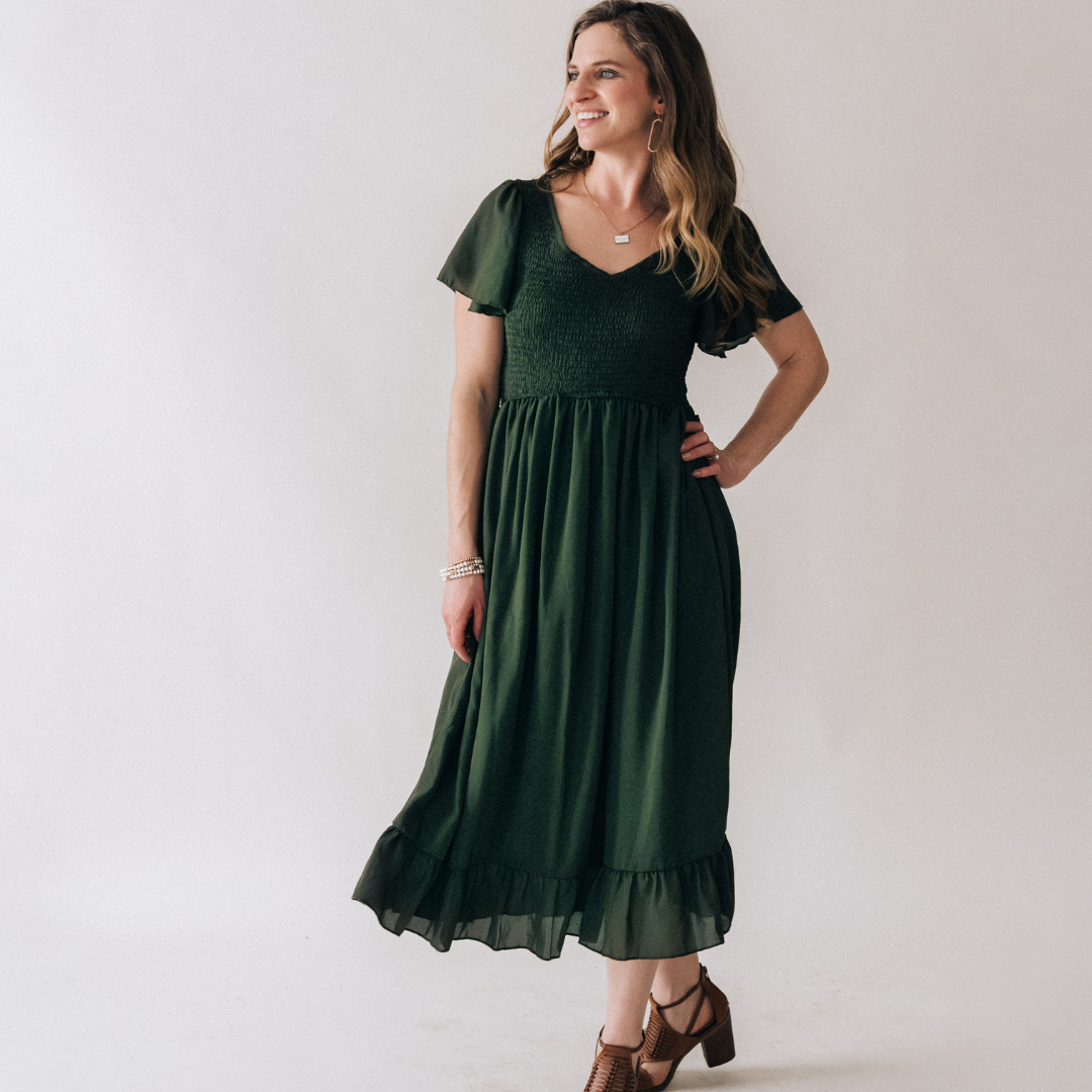 Dark Green Chiffon Dress - Women
