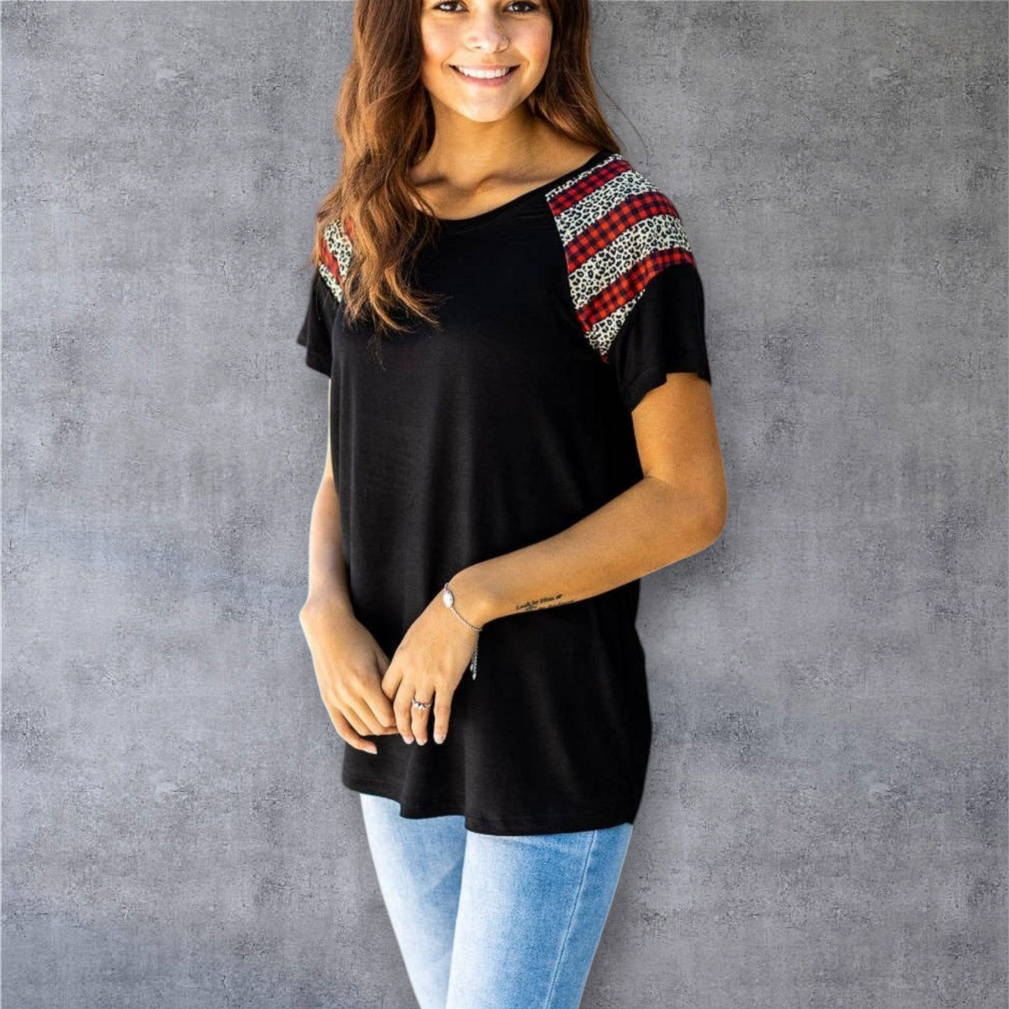 Black Top with Leopard and Checker Sleeve