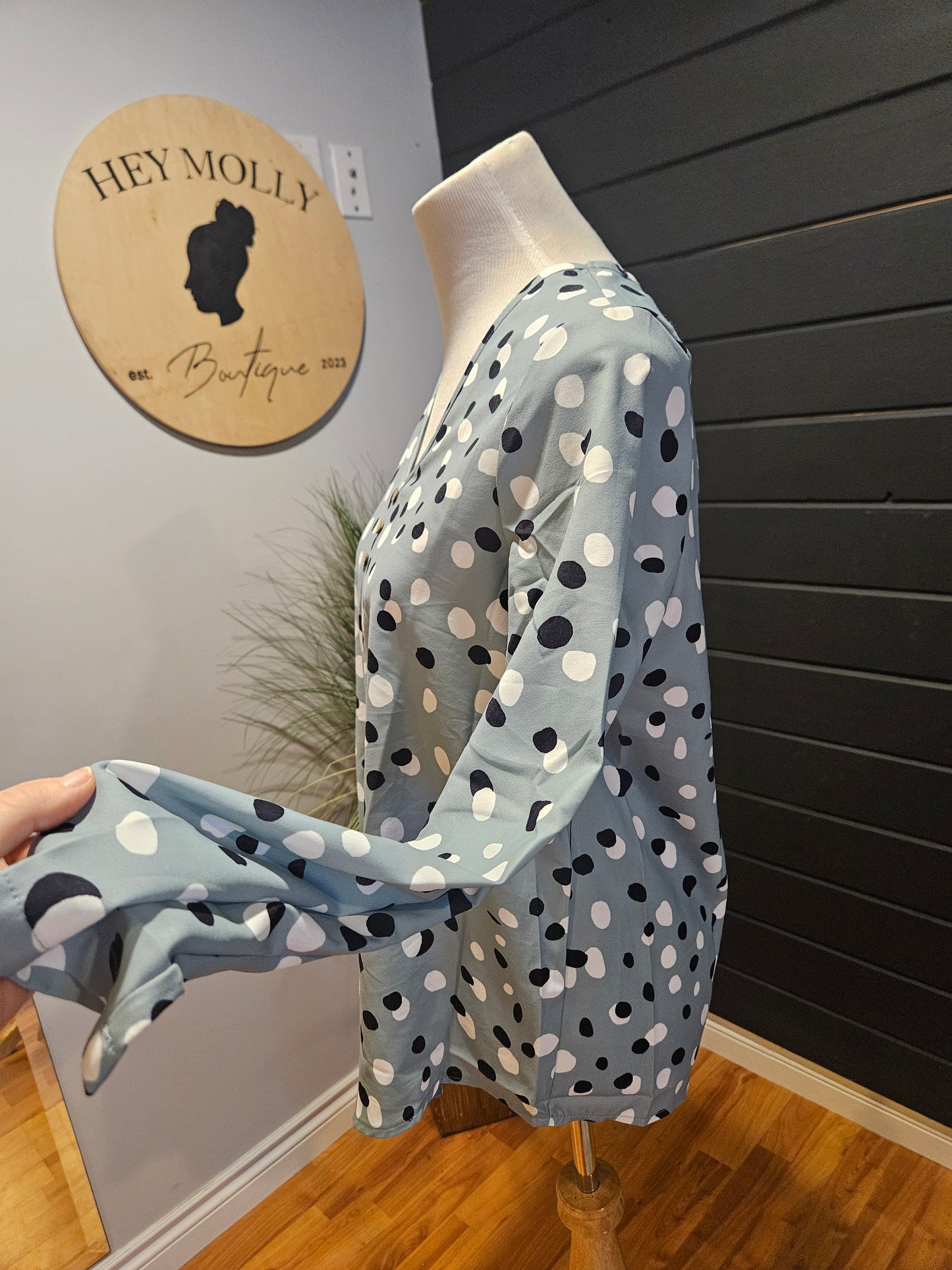 Aqua Long Sleeve Top with Polka Dots