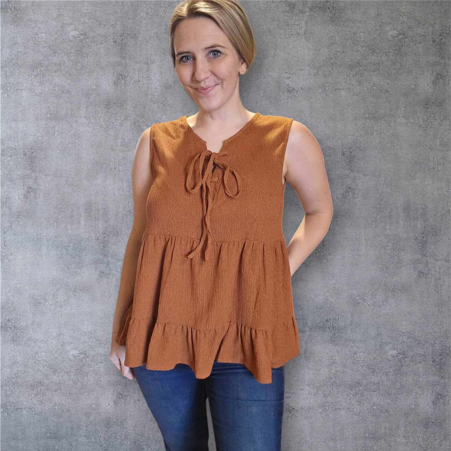 Sleeveless Tiered Babydoll Top – Rust Brown