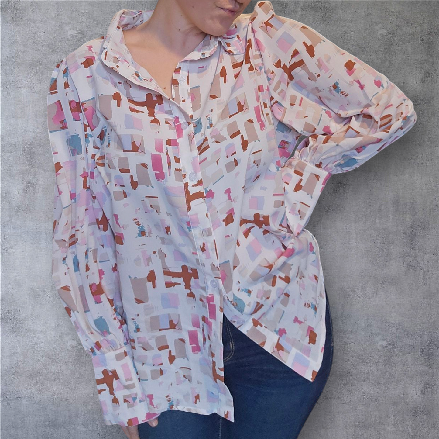 Abstract Print Button-Up Blouse