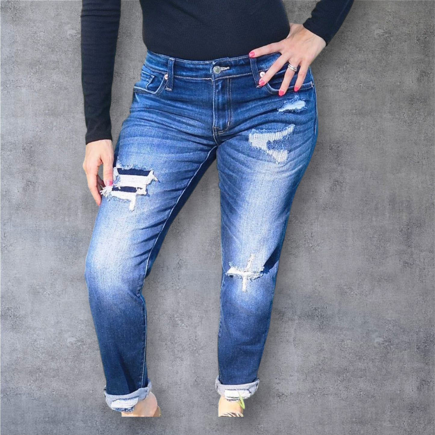 Artemis Mid Rise Stretch Boyfriend Jeans with Double Cuff and Repair Patch
