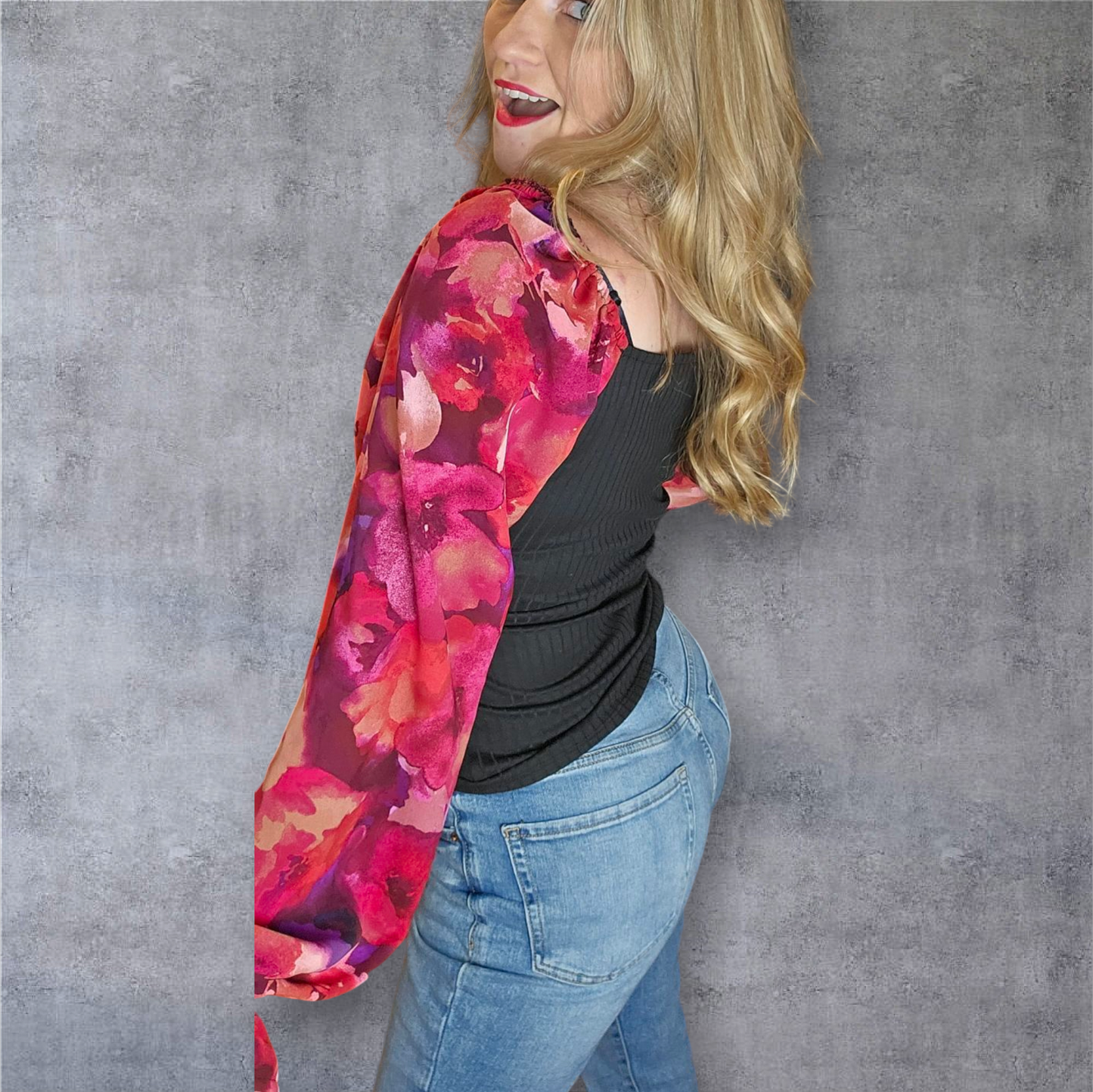 Square Neck Bubble Long Sleeve Floral Knit