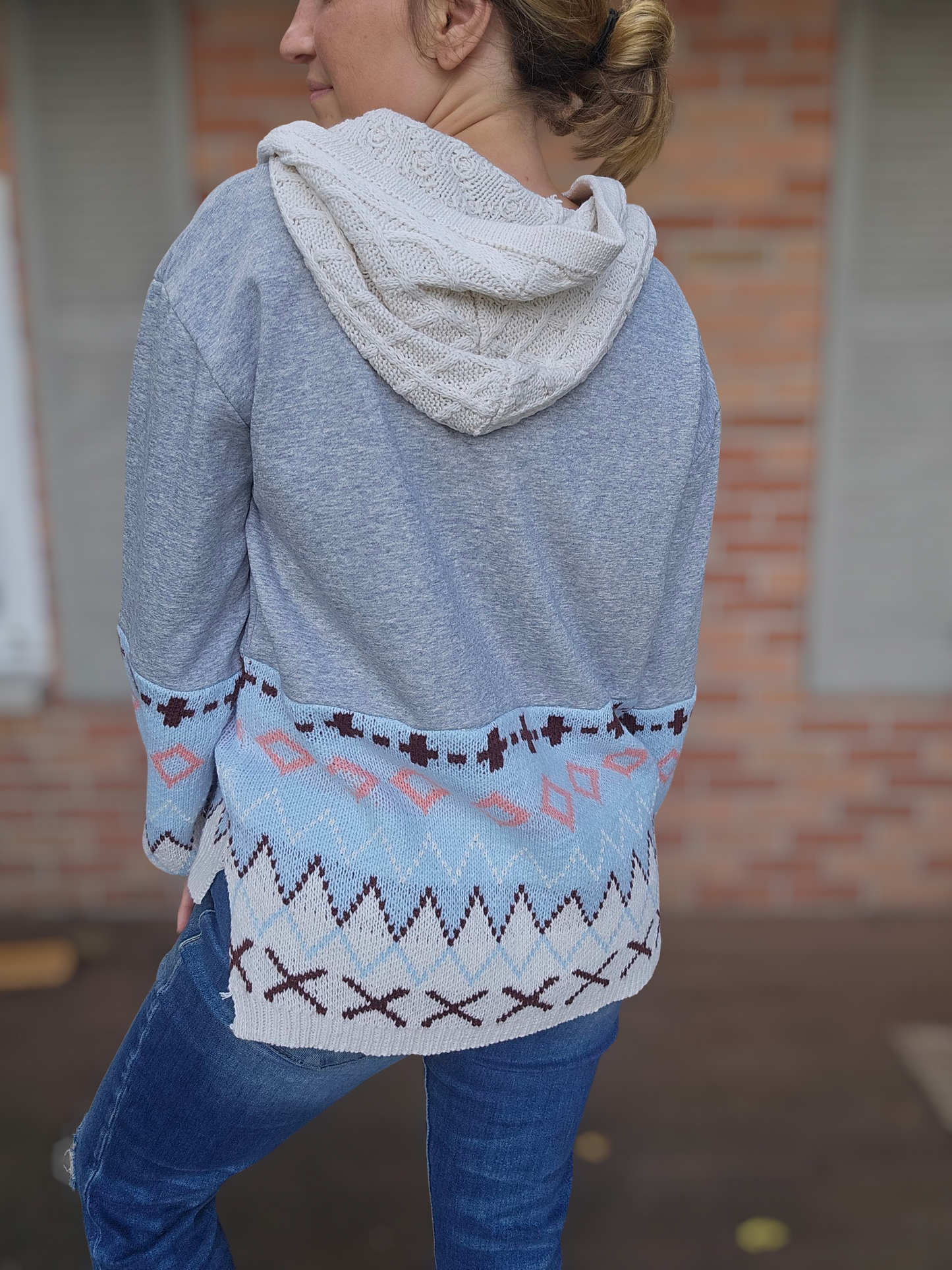 Easel Hooded Patterned Grey Sweater