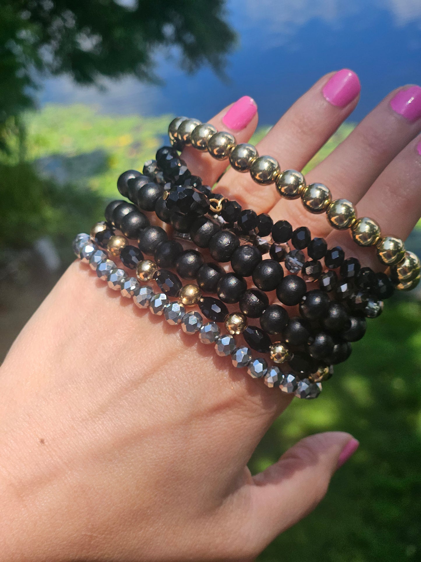 Black and Gold Stacked Bead Bracelet Set