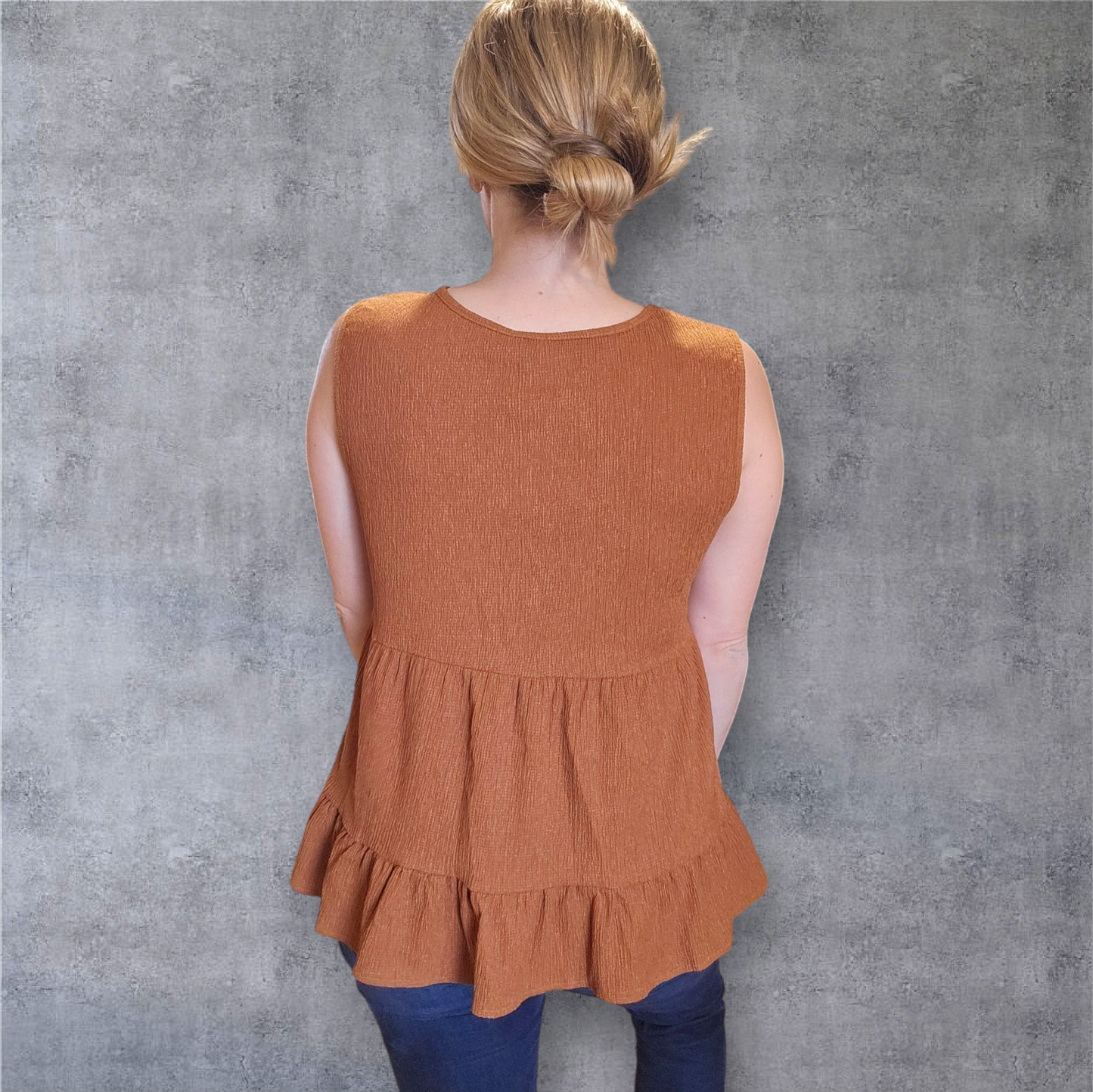 Sleeveless Tiered Babydoll Top – Rust Brown