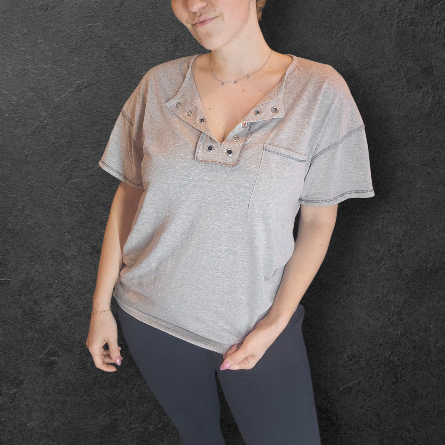 Gray Short Sleeve Top with Silver Accent