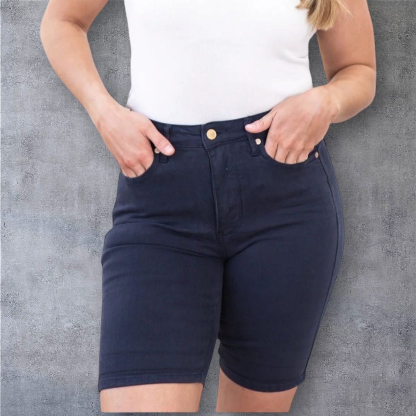 Judy Blue High-Waisted Navy Blue Stretch Denim Bermuda Shorts