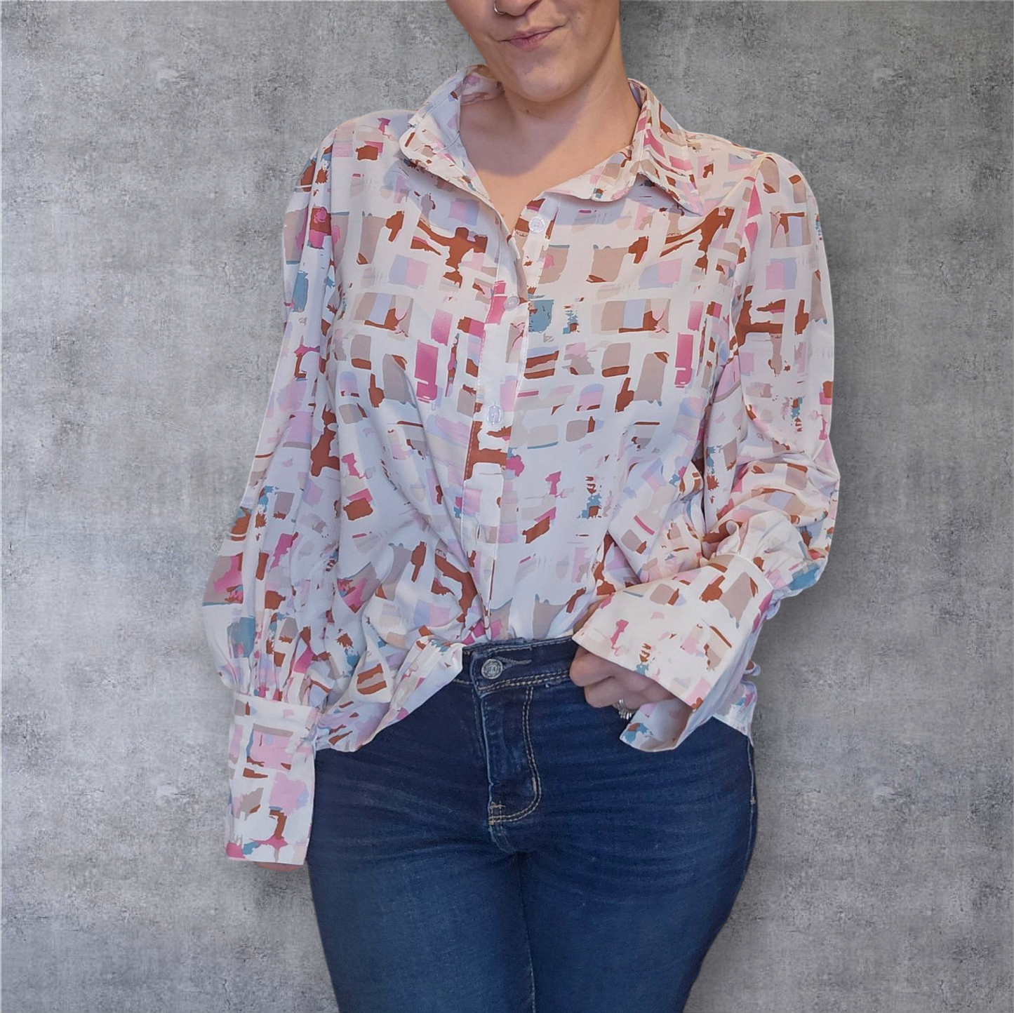 Abstract Print Button-Up Blouse