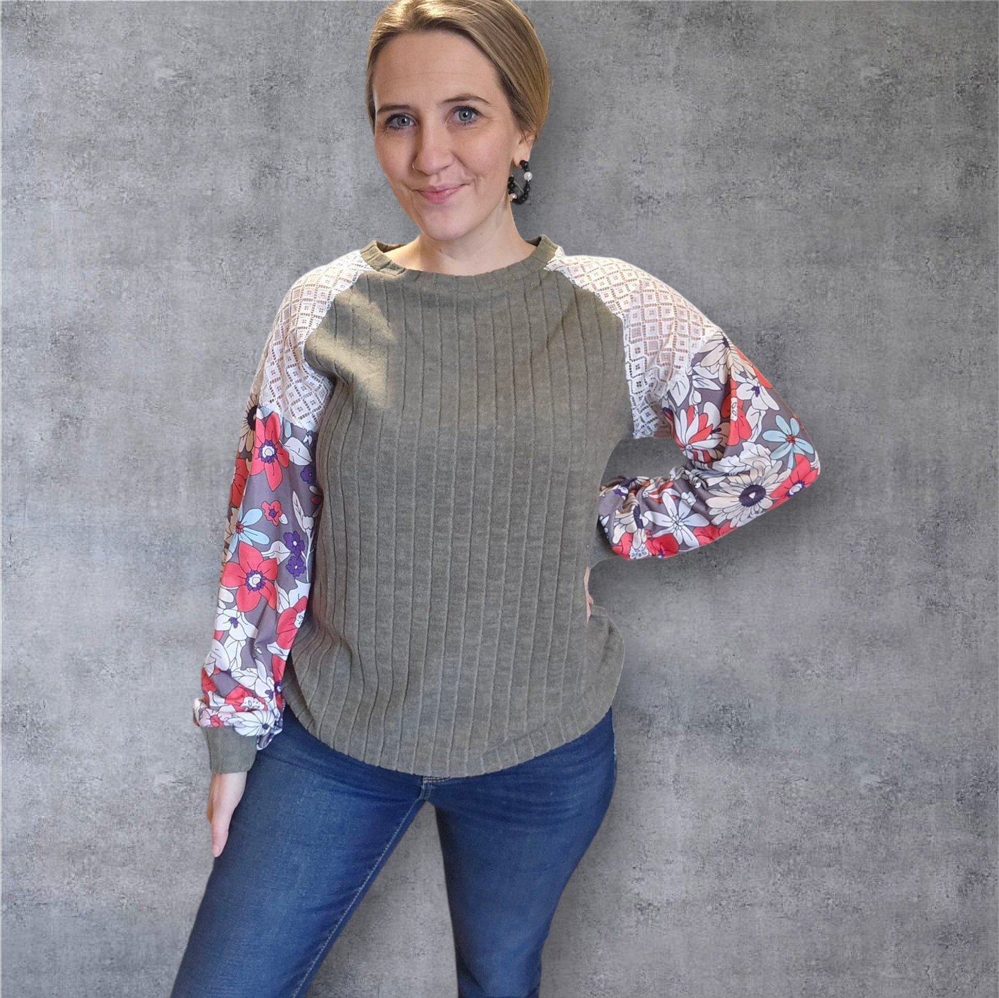 Olive Green and Floral Top
