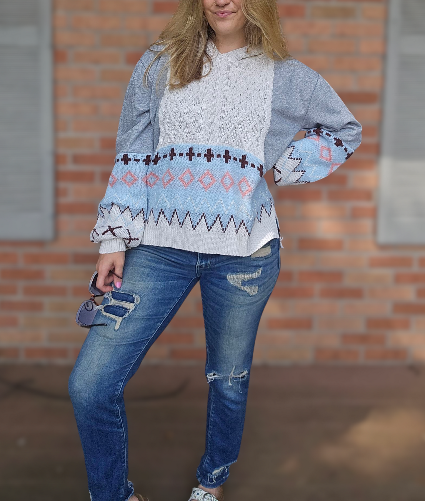 Easel Hooded Patterned Grey Sweater