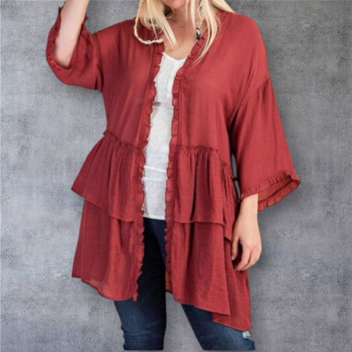 Easel Women's Boho Ruffle Cardigan – Rust Red