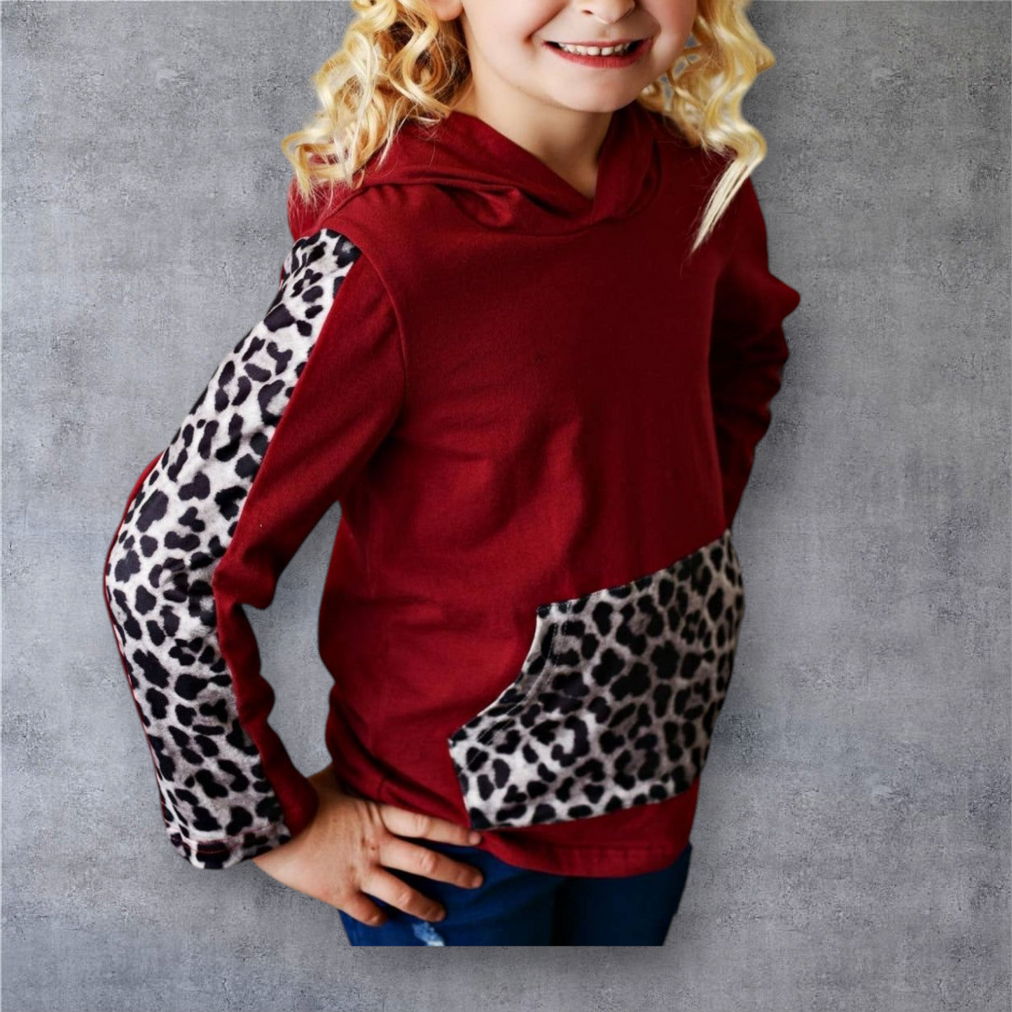 Kids Wine Leopard Print Long Sleeve Pocket Hoodie Shirt