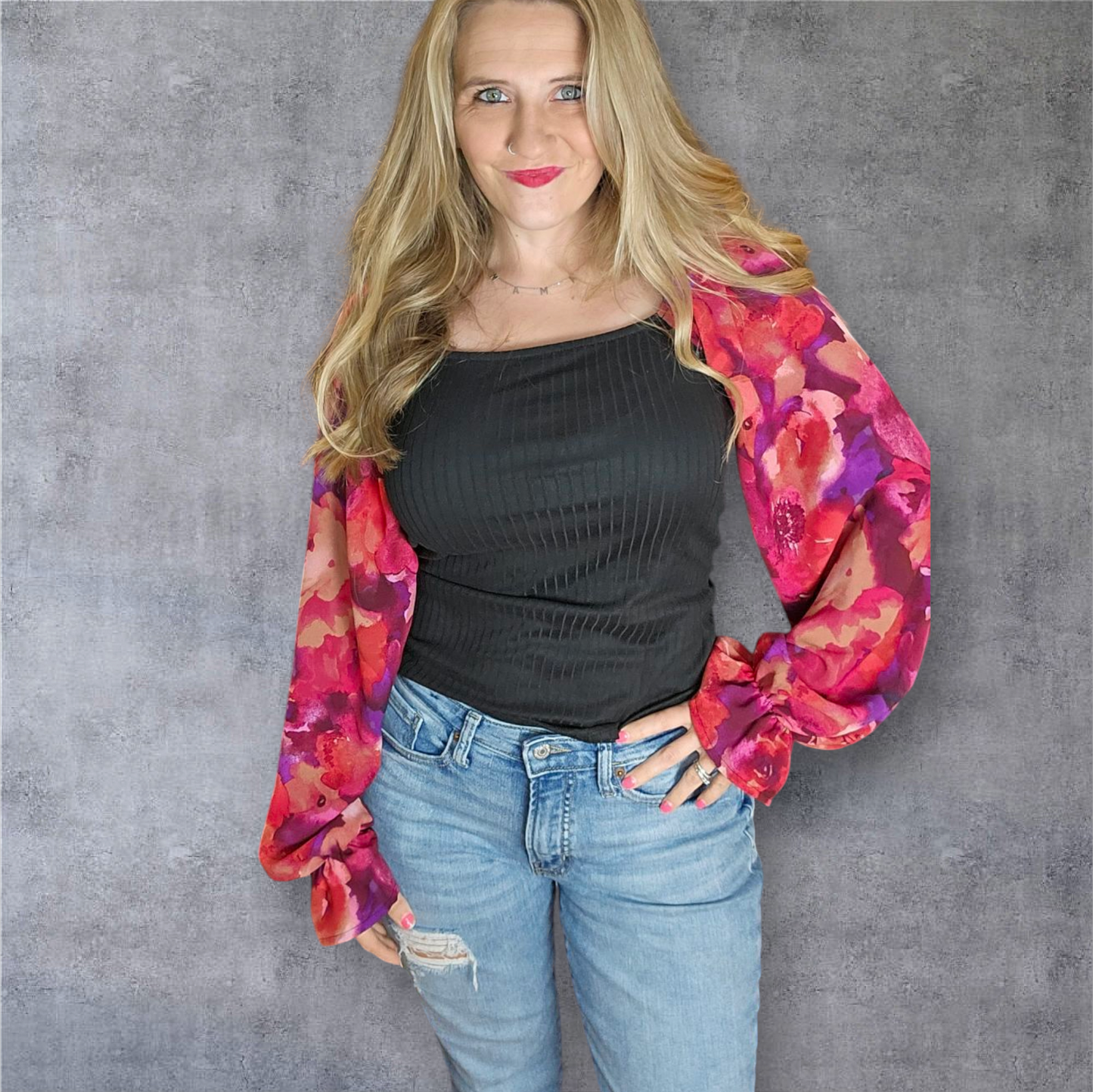 Square Neck Bubble Long Sleeve Floral Knit