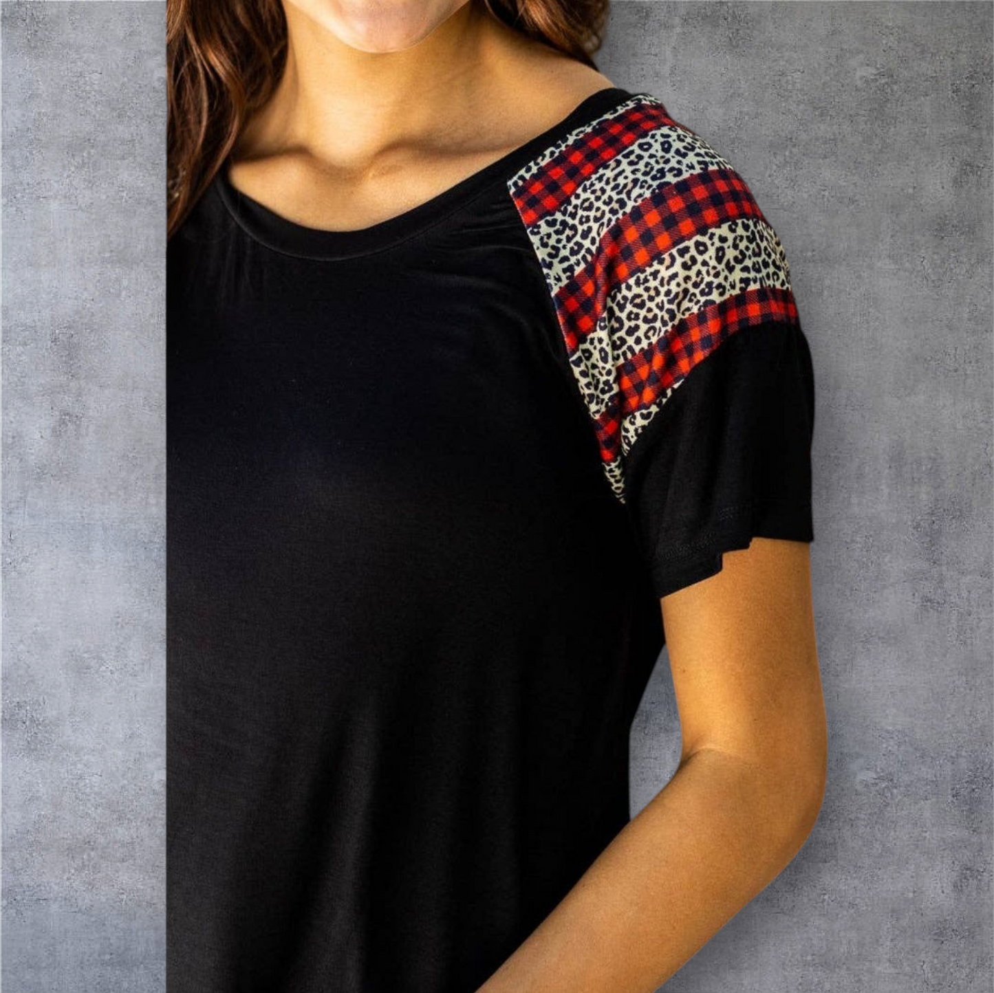 Black Top with Leopard and Checker Sleeve