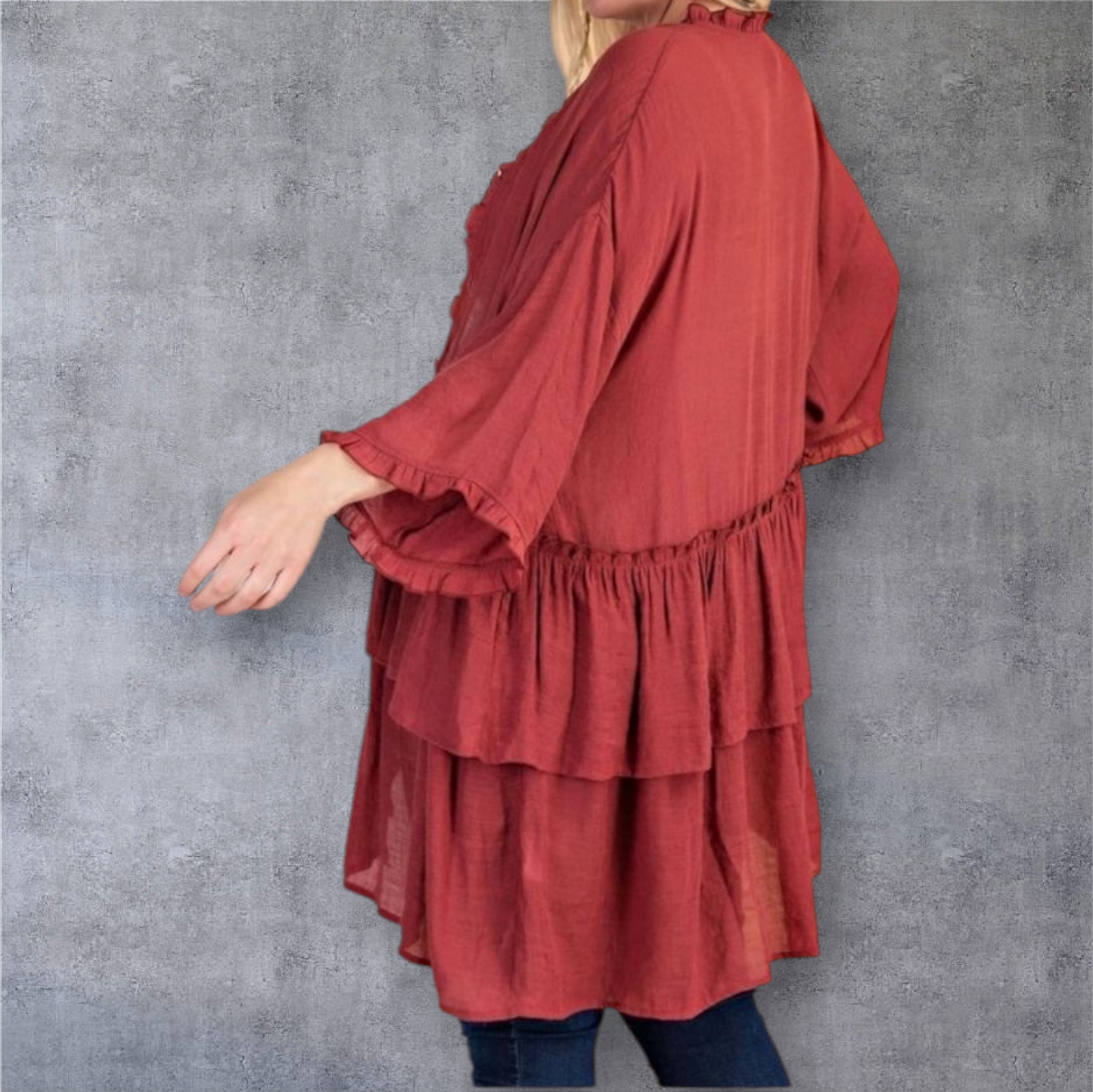 Easel Women's Boho Ruffle Cardigan – Rust Red