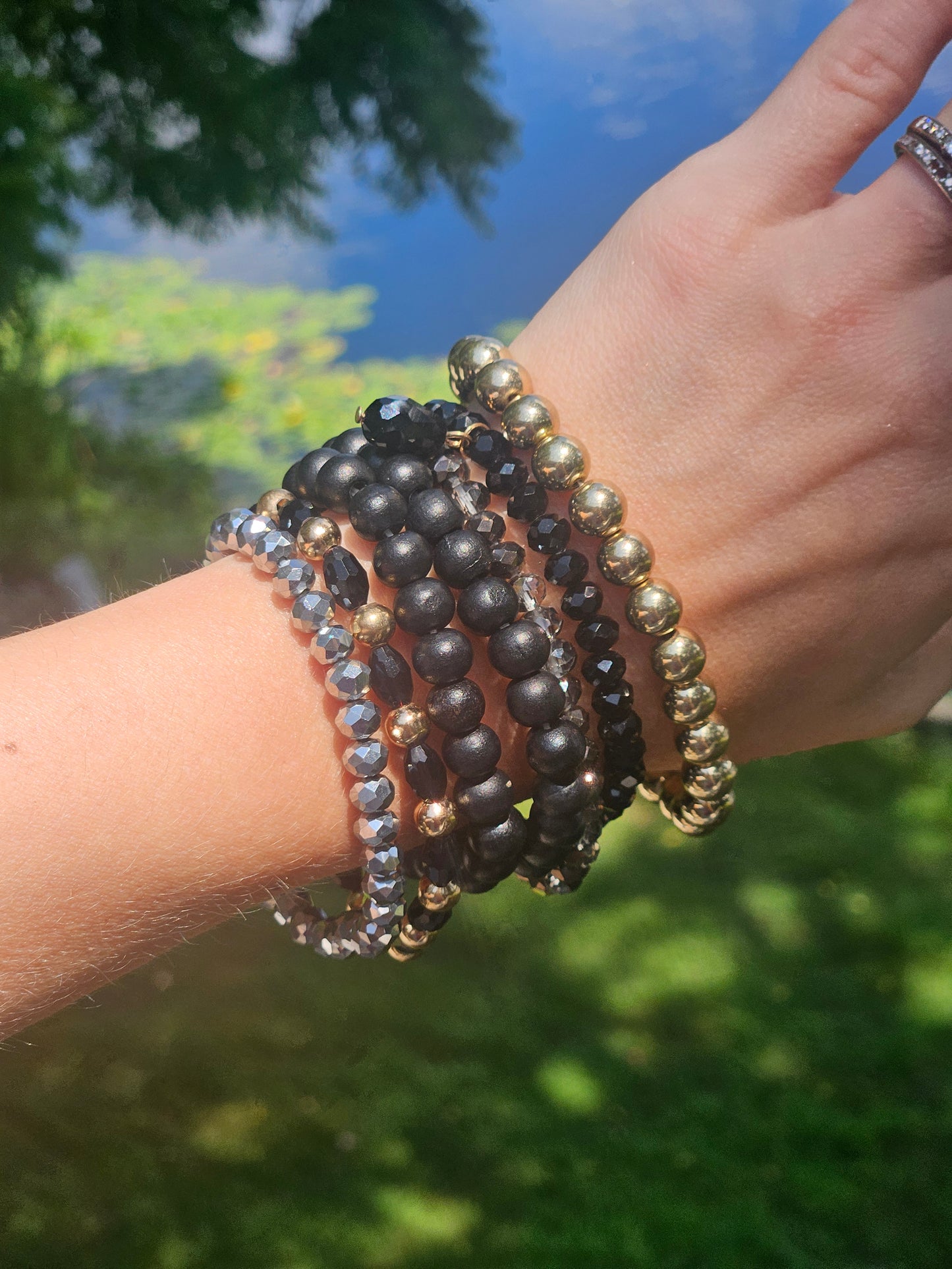 Black and Gold Stacked Bead Bracelet Set