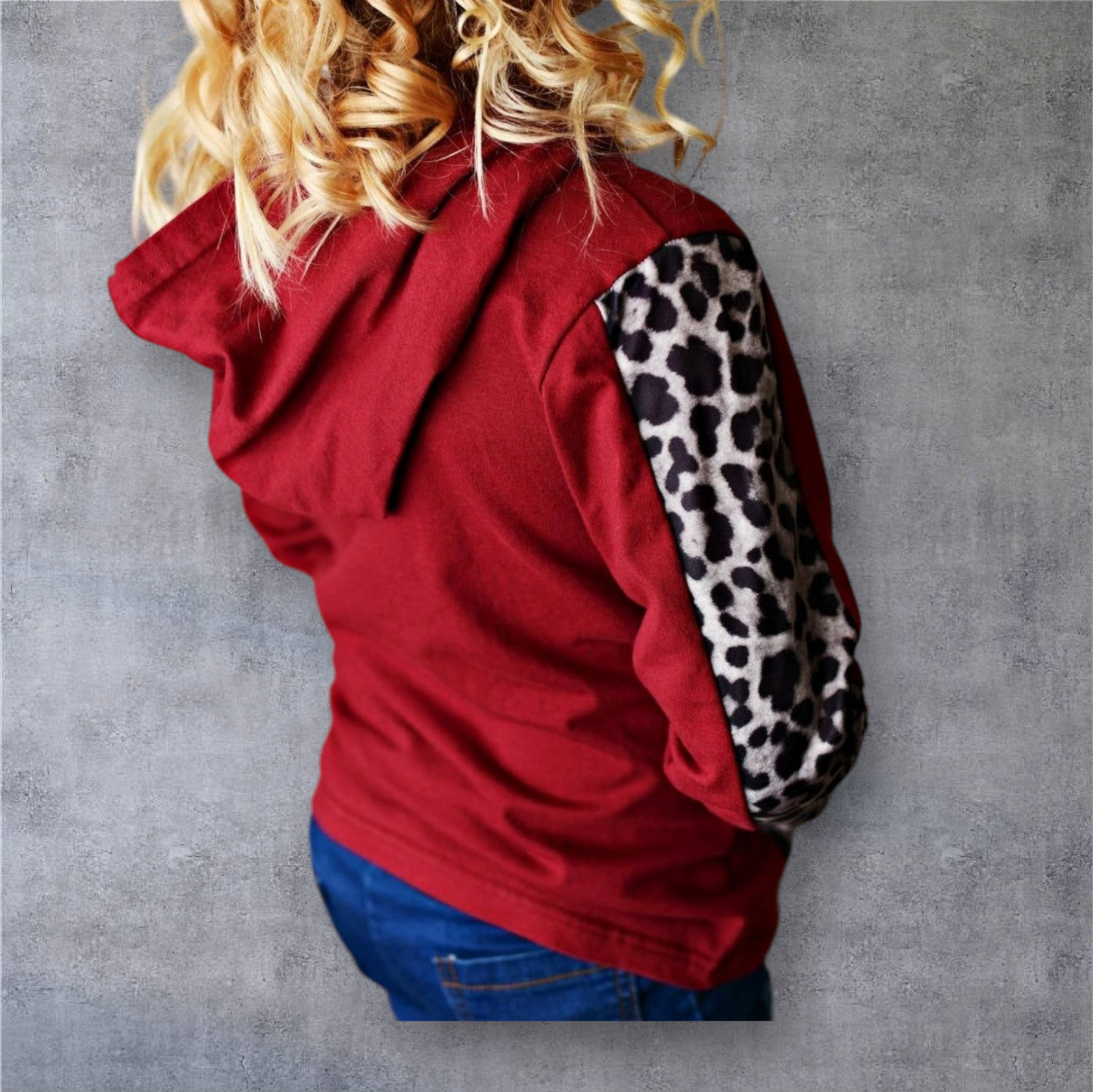 Kids Wine Leopard Print Long Sleeve Pocket Hoodie Shirt