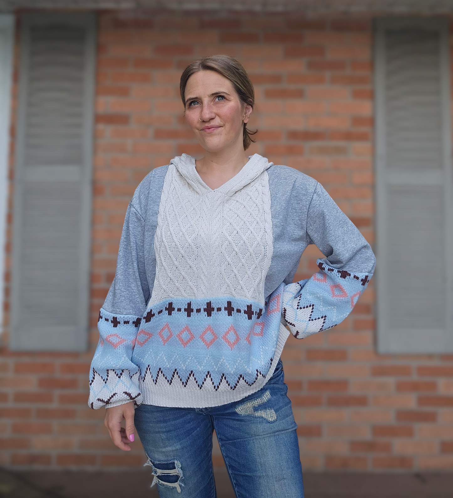 Easel Hooded Patterned Grey Sweater