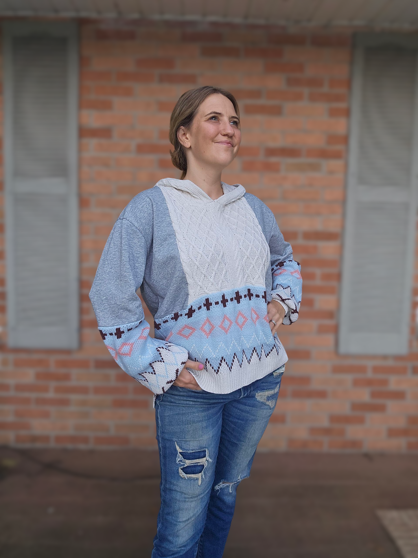 Easel Hooded Patterned Grey Sweater