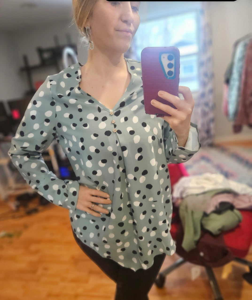 Aqua Long Sleeve Top with Polka Dots