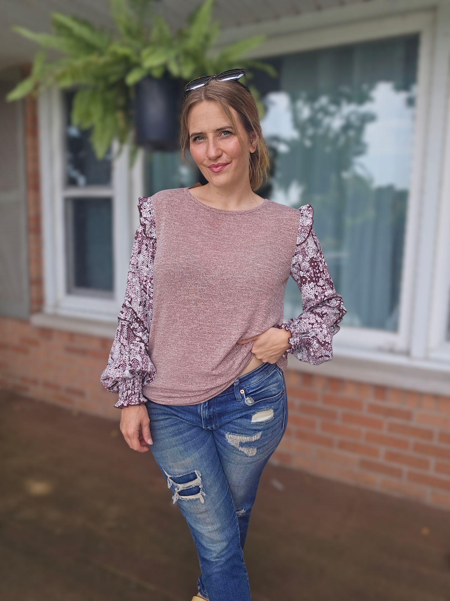 Blush Knit Top with Floral Puff Sleeves