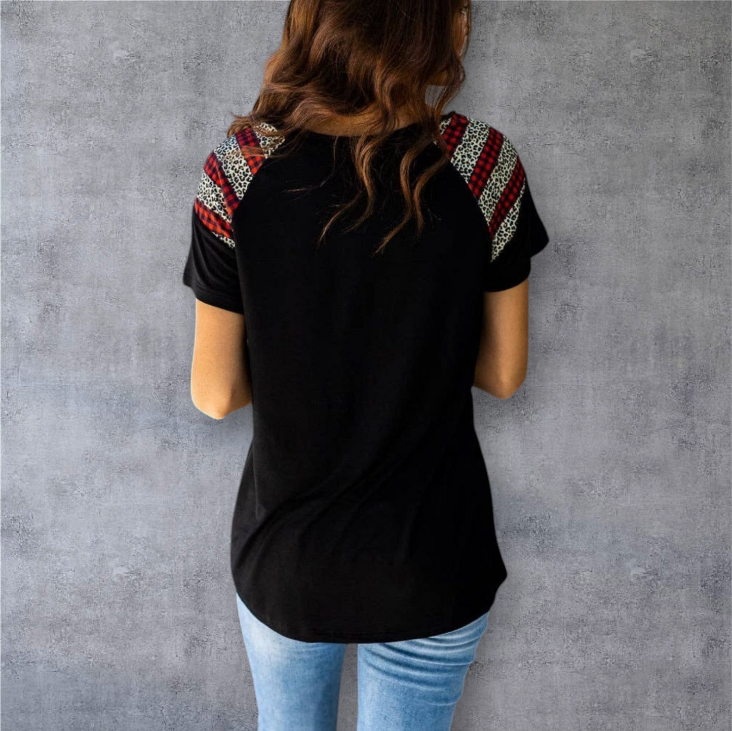 Black Top with Leopard and Checker Sleeve