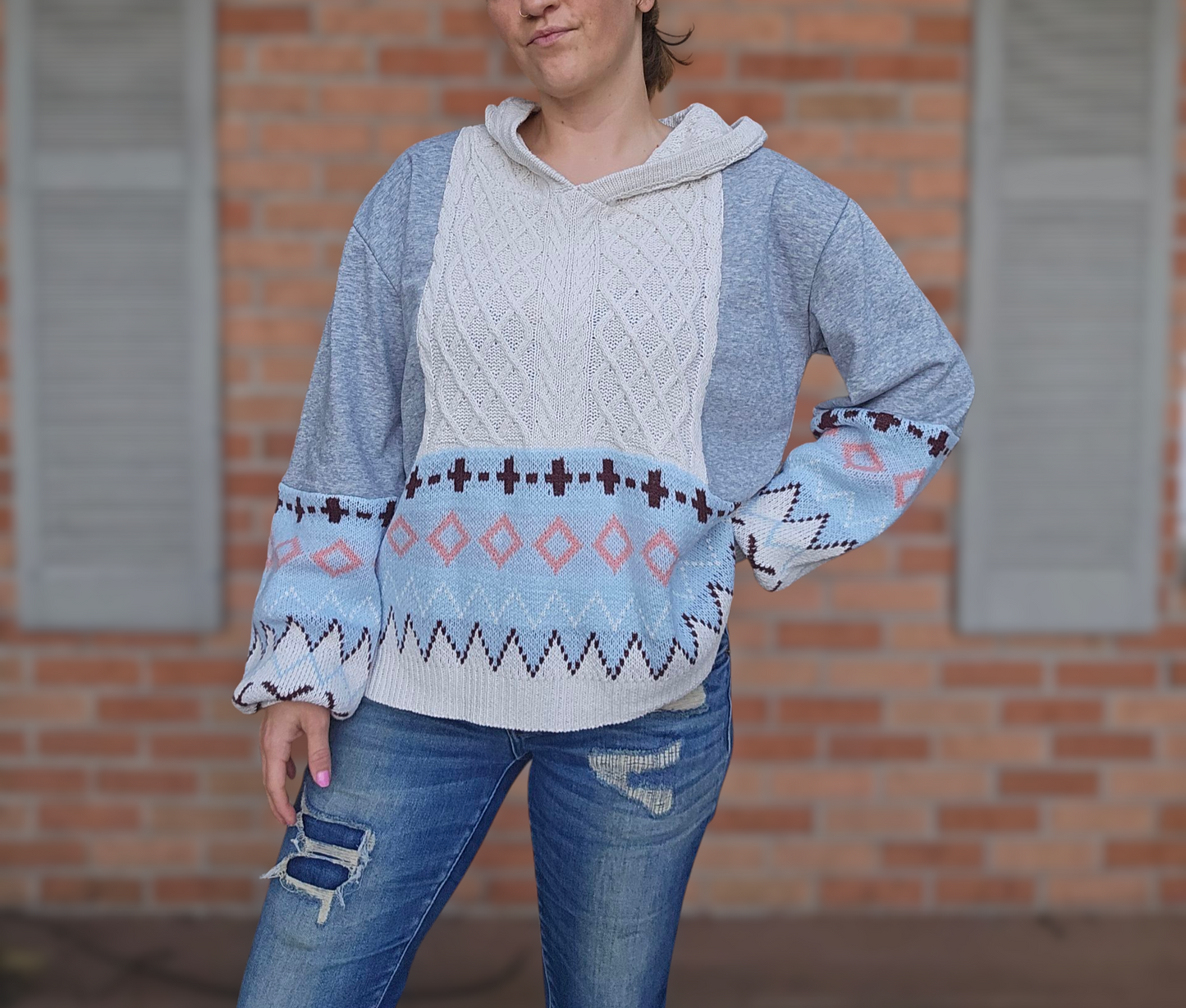 Easel Hooded Patterned Grey Sweater