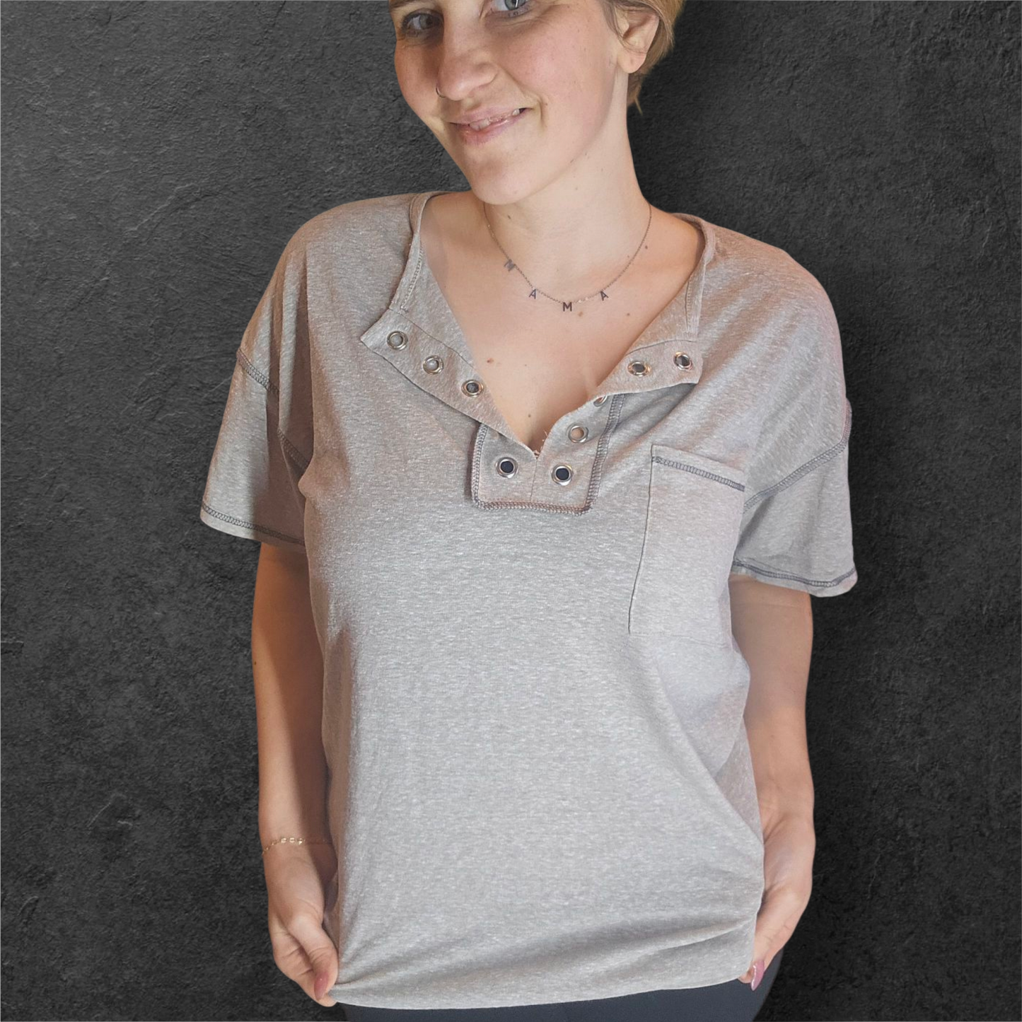 Gray Short Sleeve Top with Silver Accent