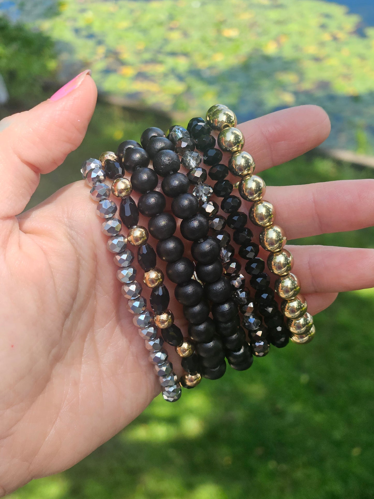 Black and Gold Stacked Bead Bracelet Set
