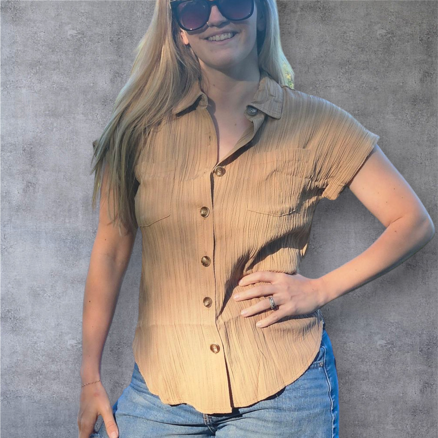 Khaki Crinkle Cut button Up