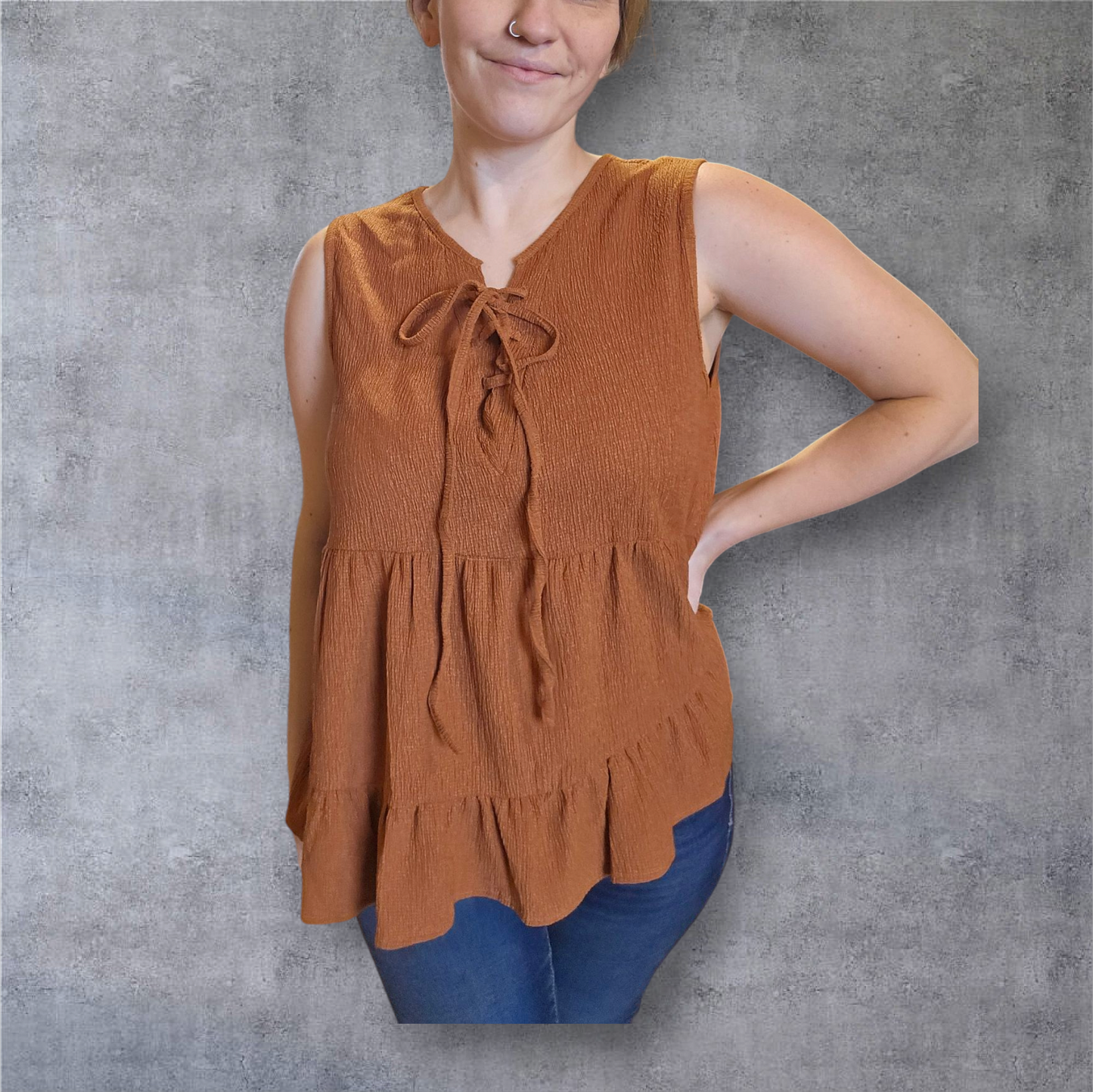 Sleeveless Tiered Babydoll Top – Rust Brown