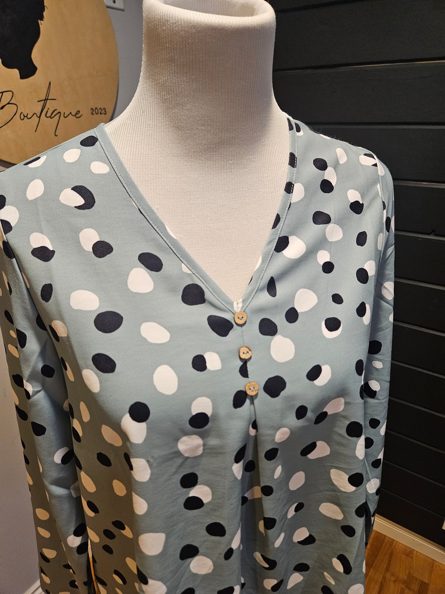 Aqua Long Sleeve Top with Polka Dots
