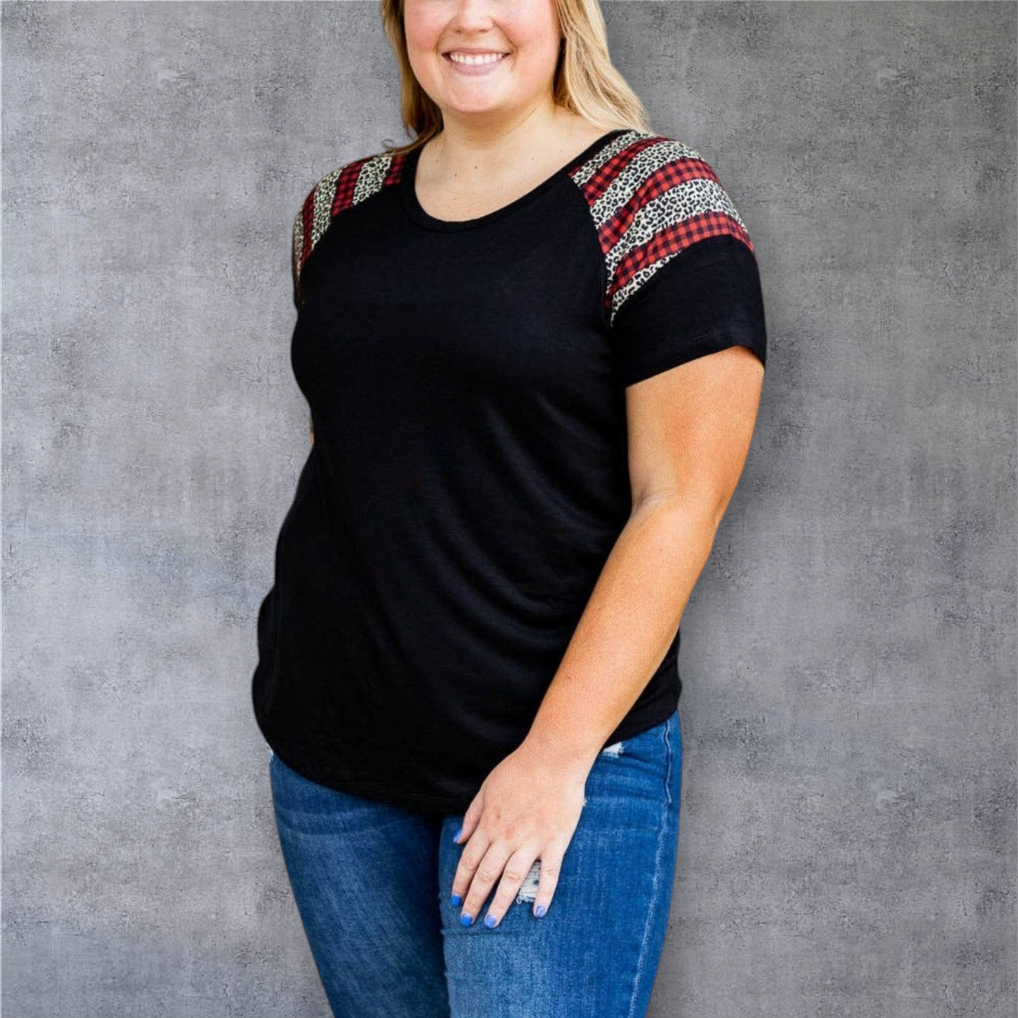Black Top with Leopard and Checker Sleeve