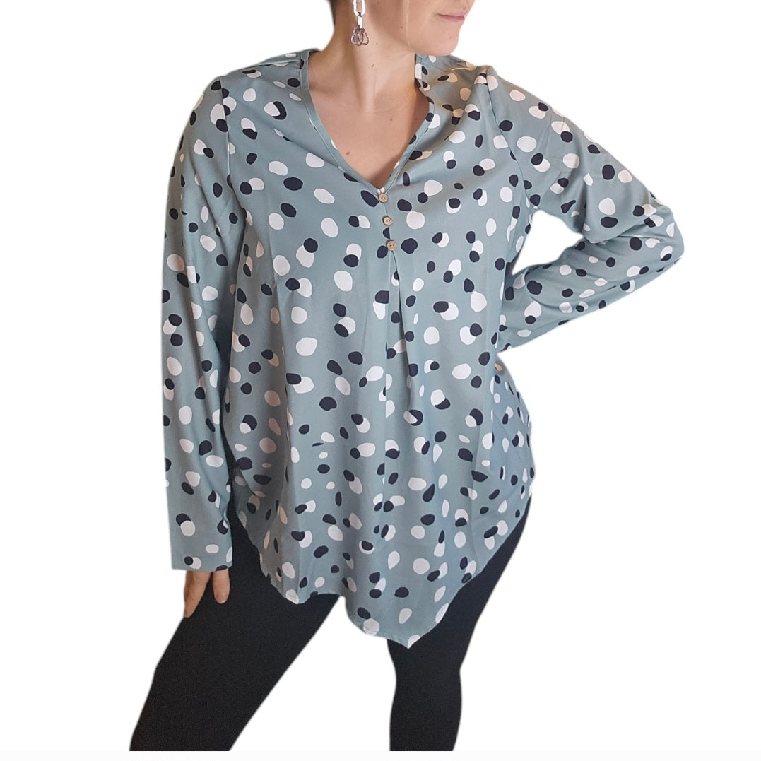 Aqua Long Sleeve Top with Polka Dots