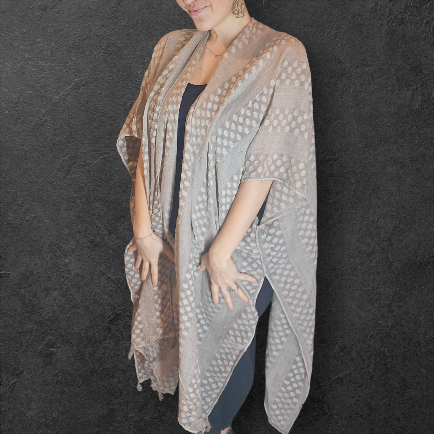 Pom Trimmed Jacquard Kimono