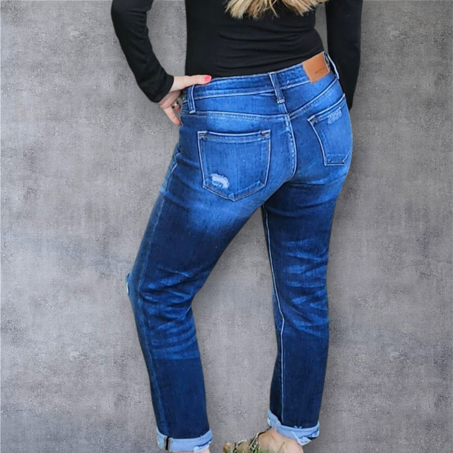 Artemis Mid Rise Stretch Boyfriend Jeans with Double Cuff and Repair Patch