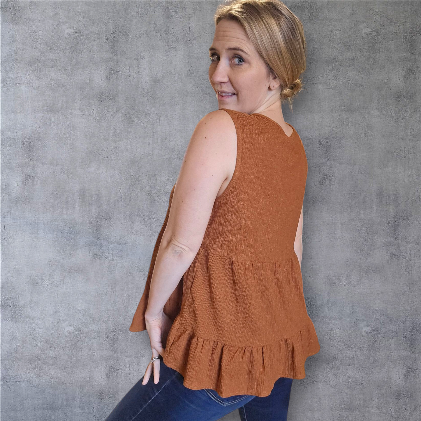 Sleeveless Tiered Babydoll Top – Rust Brown