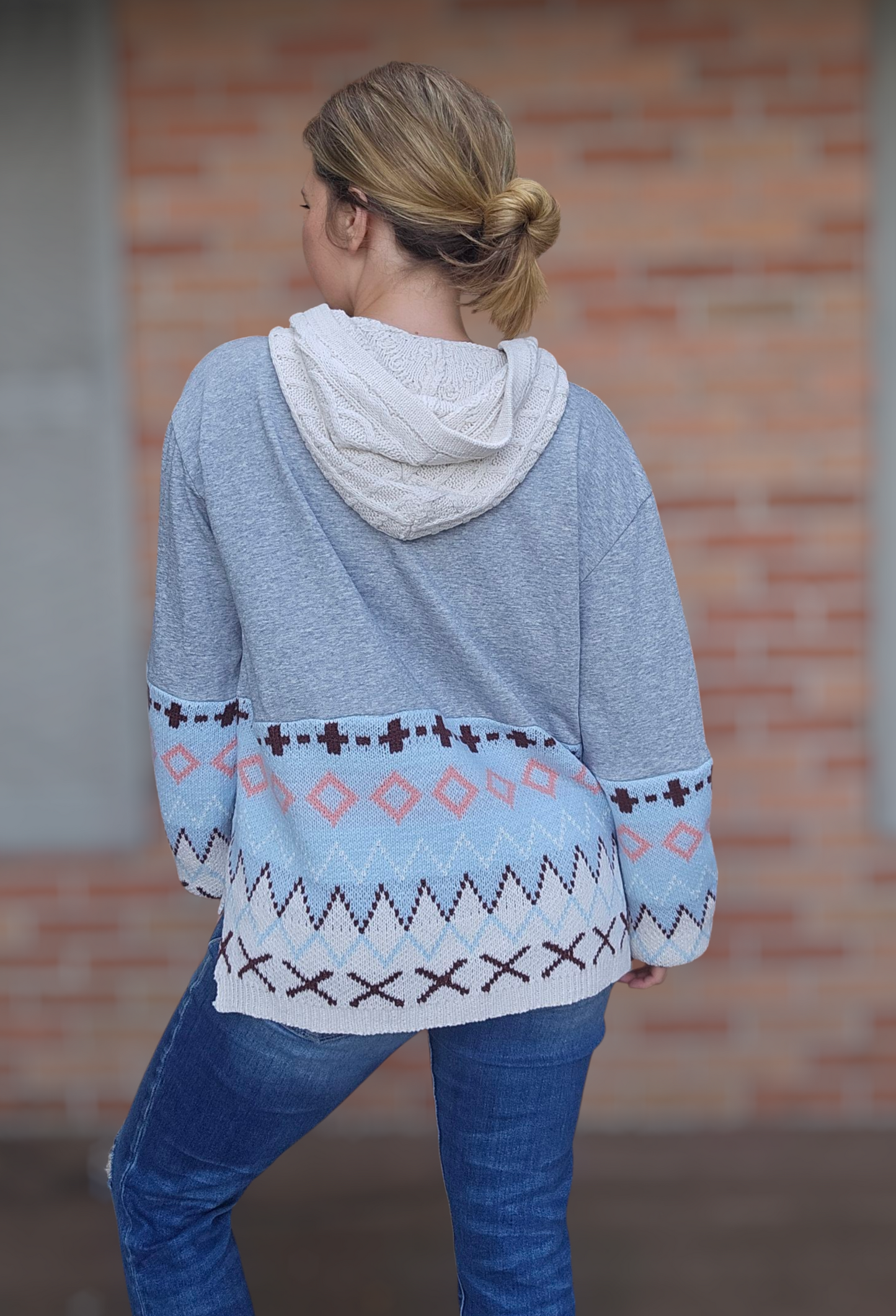 Easel Hooded Patterned Grey Sweater