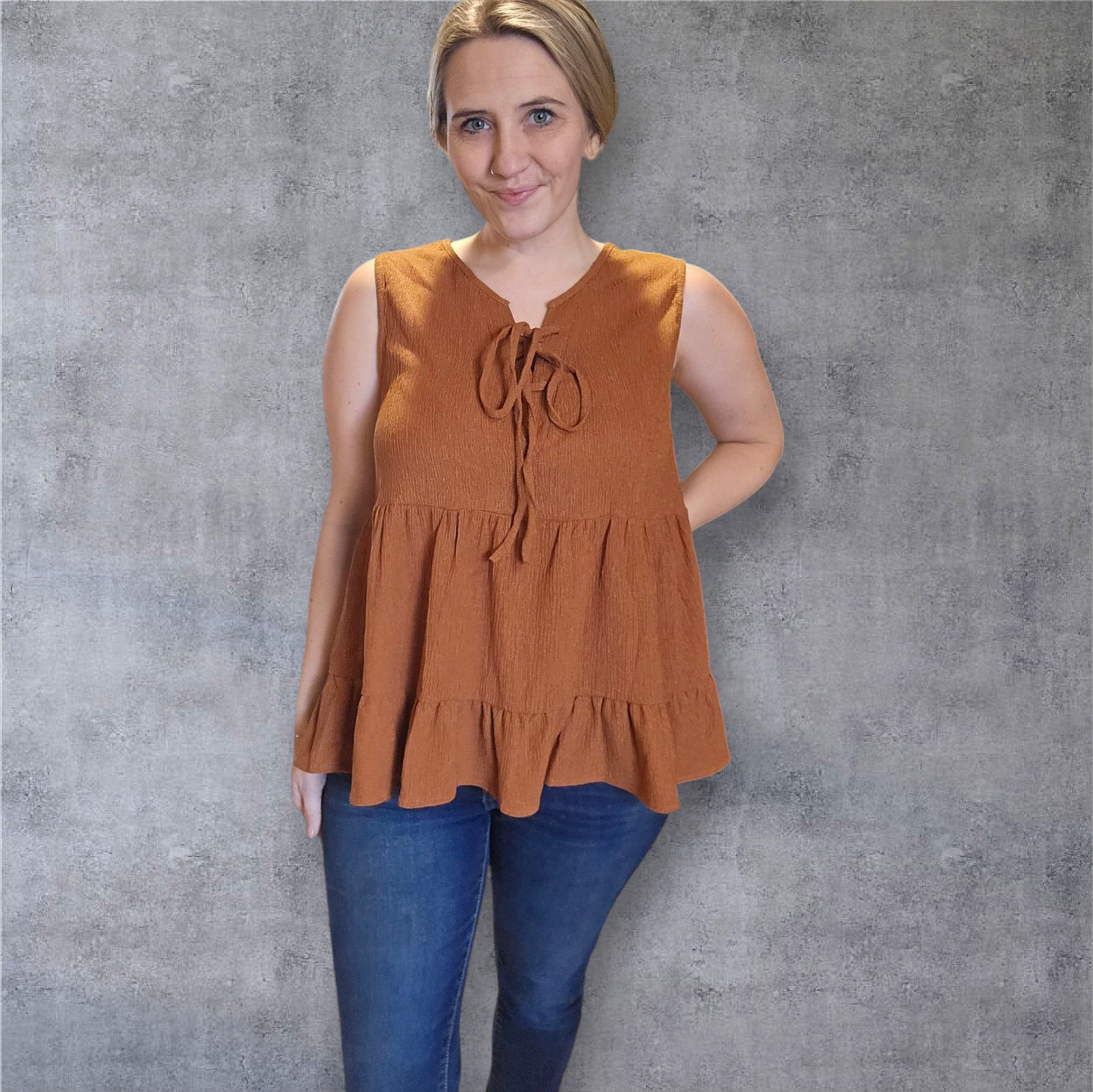 Sleeveless Tiered Babydoll Top – Rust Brown