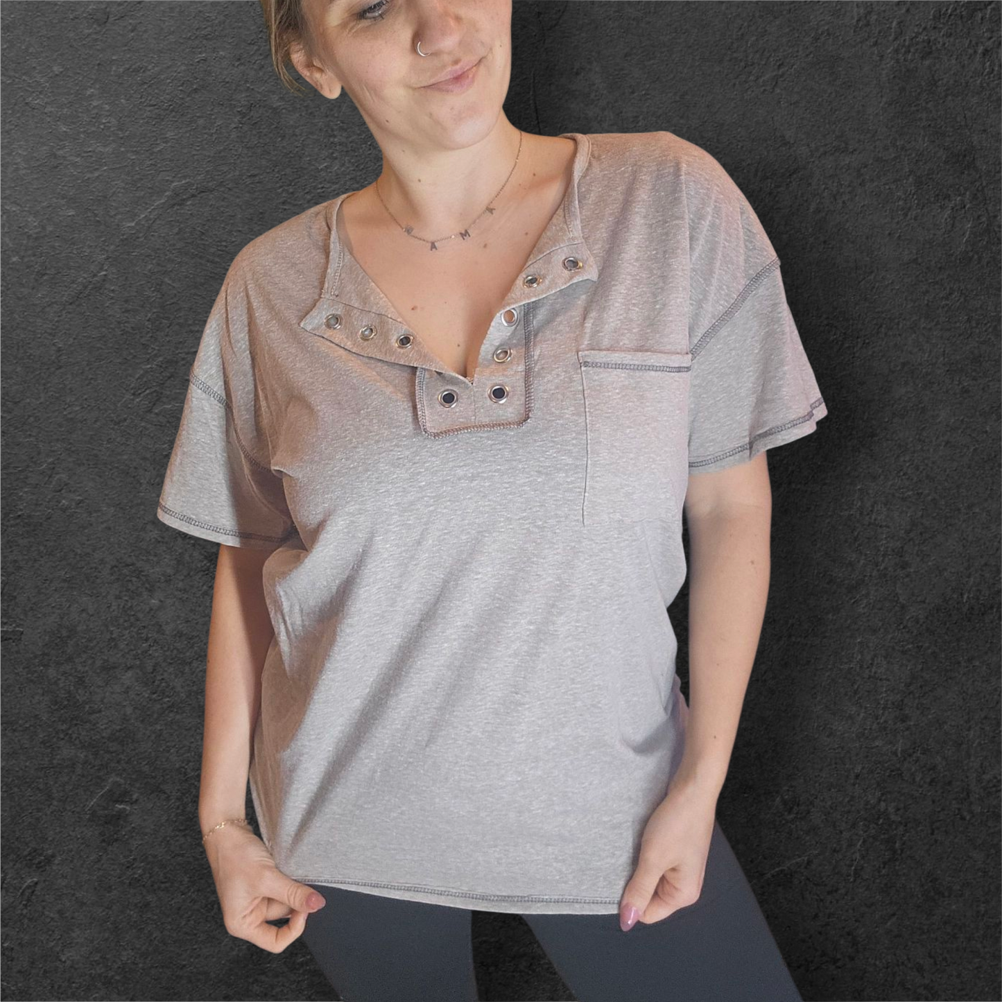 Gray Short Sleeve Top with Silver Accent