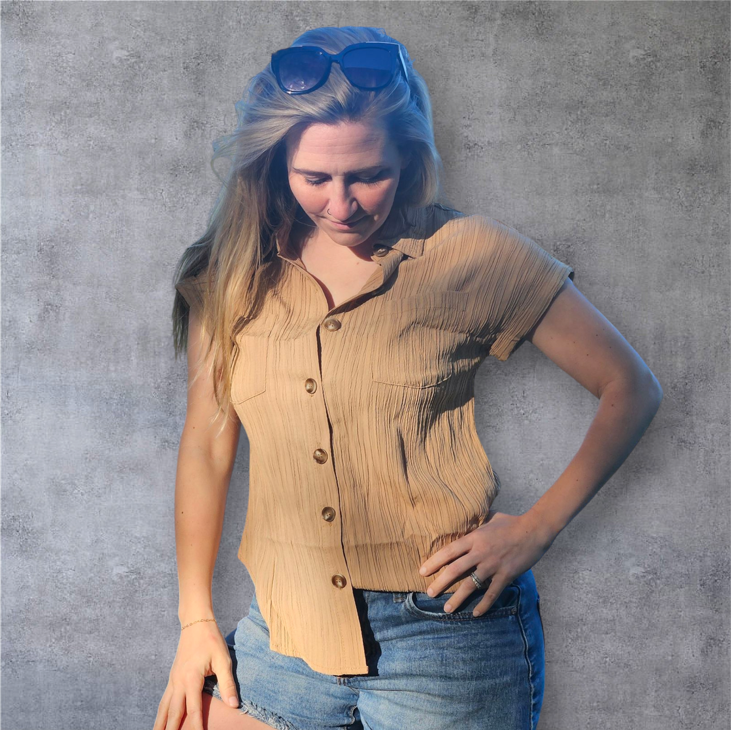 Khaki Crinkle Cut button Up