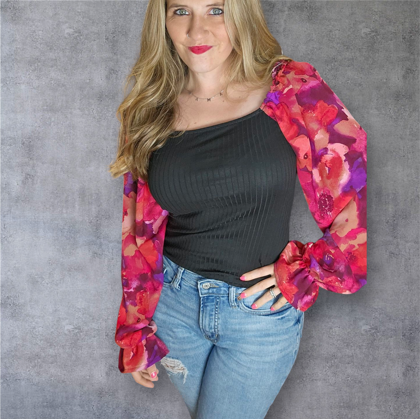 Square Neck Bubble Long Sleeve Floral Knit