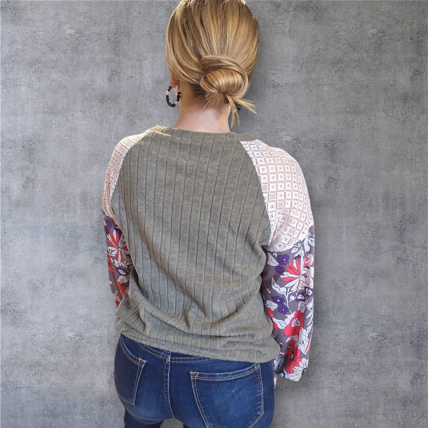 Olive Green and Floral Top