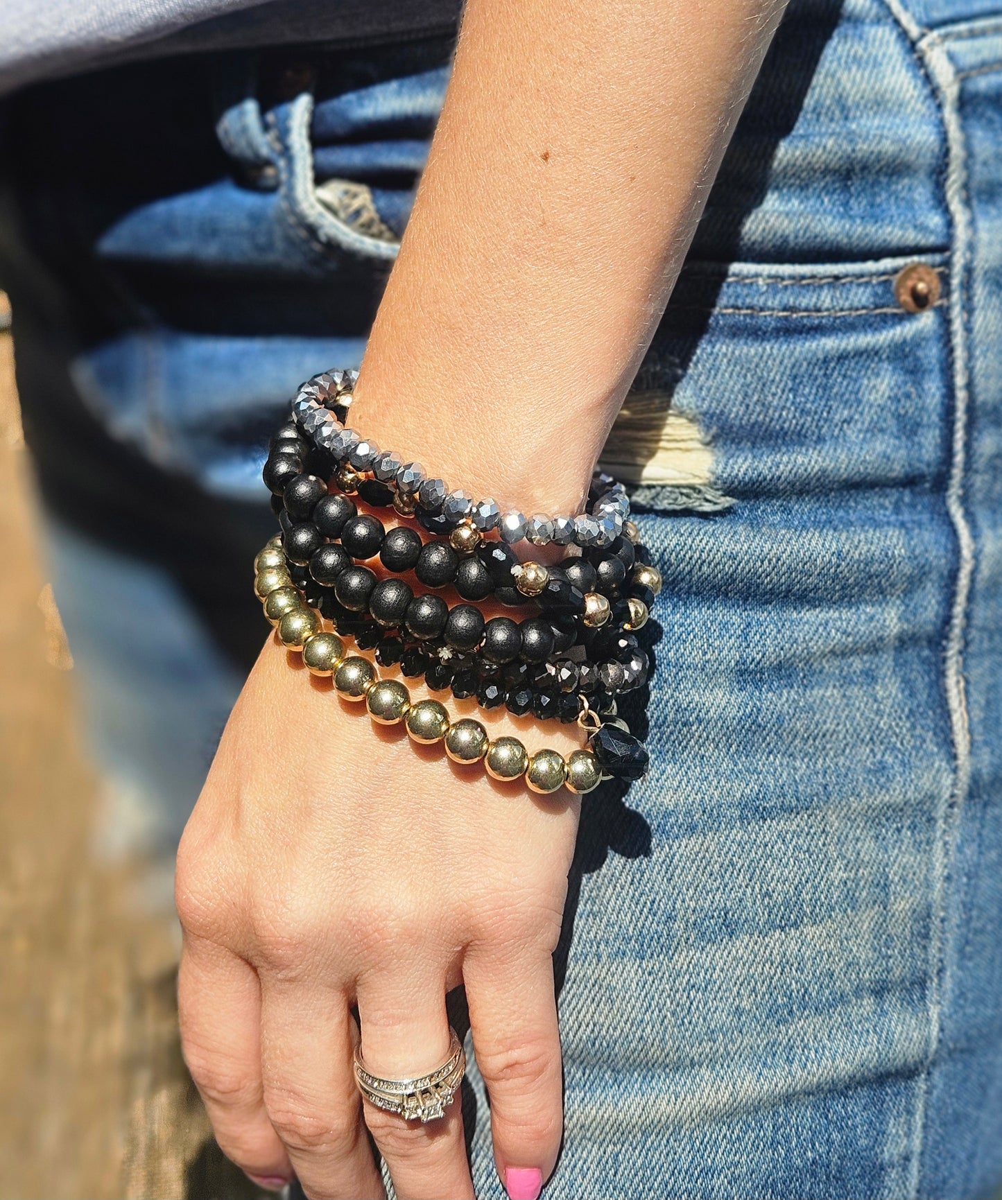 Black and Gold Stacked Bead Bracelet Set