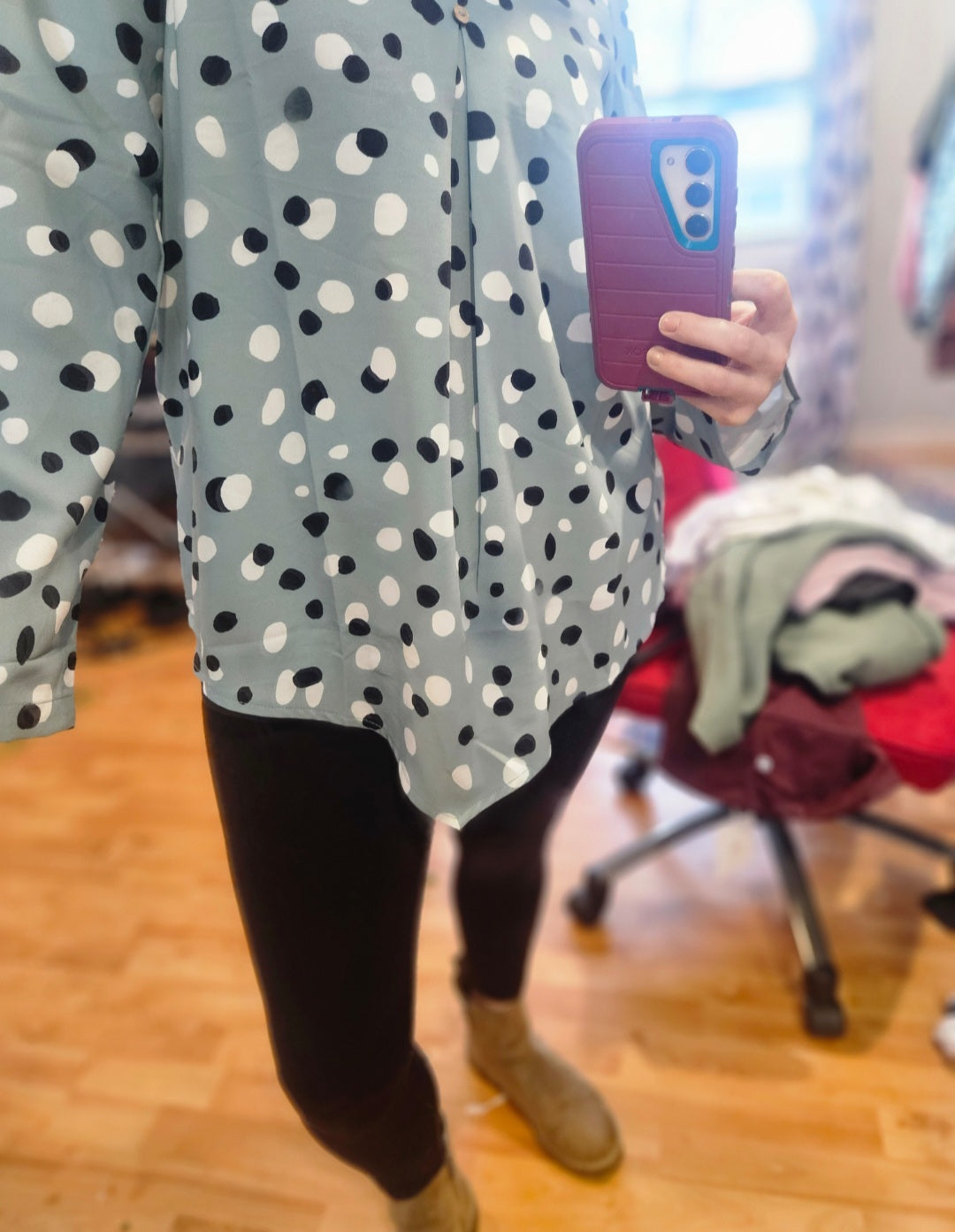 Aqua Long Sleeve Top with Polka Dots