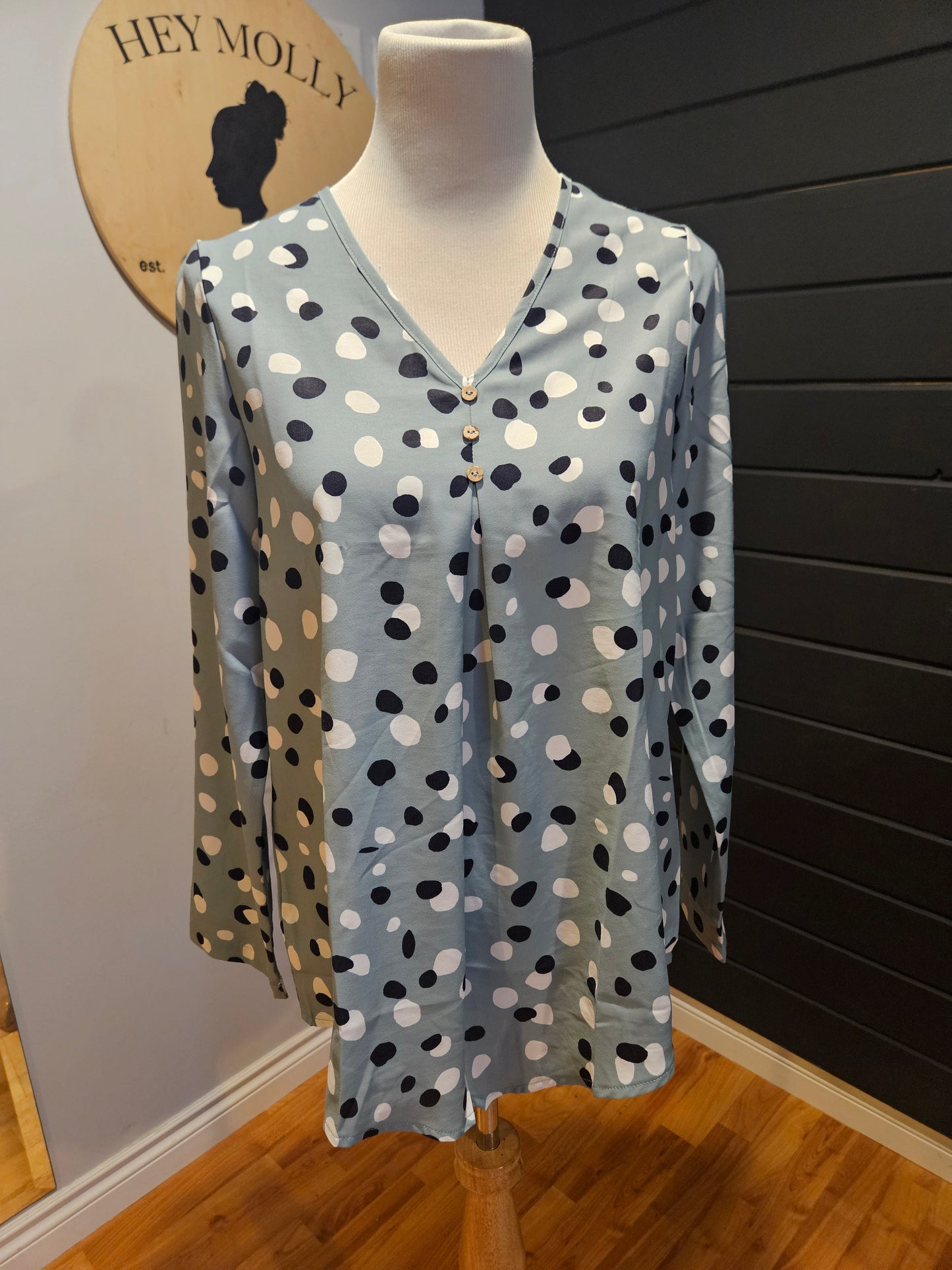 Aqua Long Sleeve Top with Polka Dots