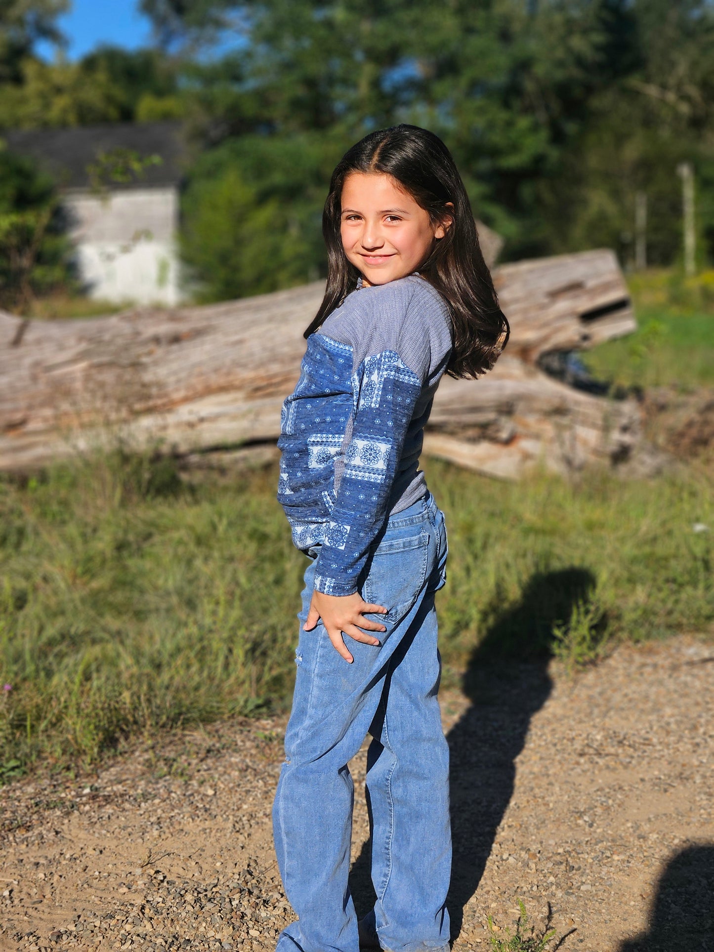 Girls Sweetly Thinking Henley Shirt: Blue